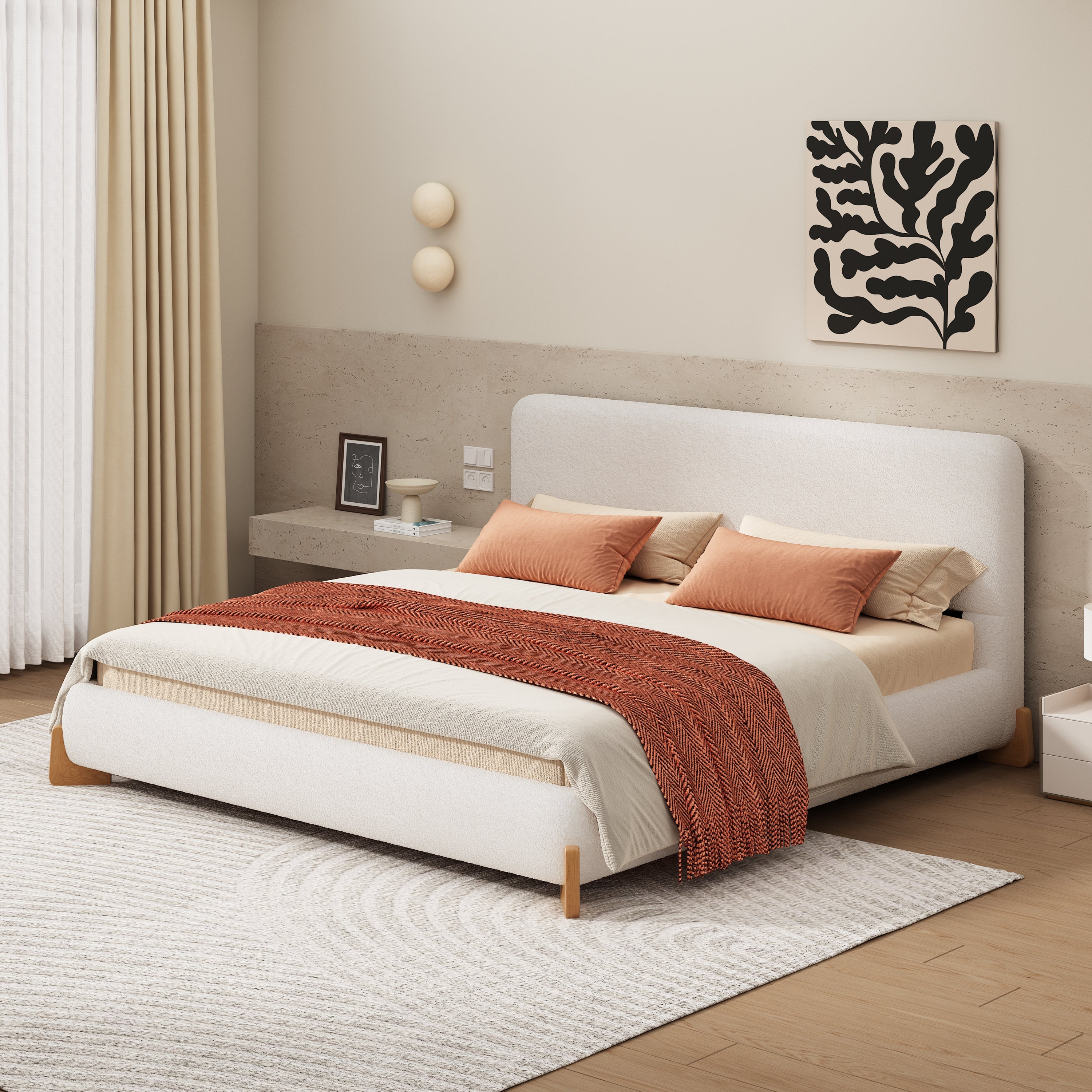 Elegant Boucle Upholstered Bed - Queen Size
