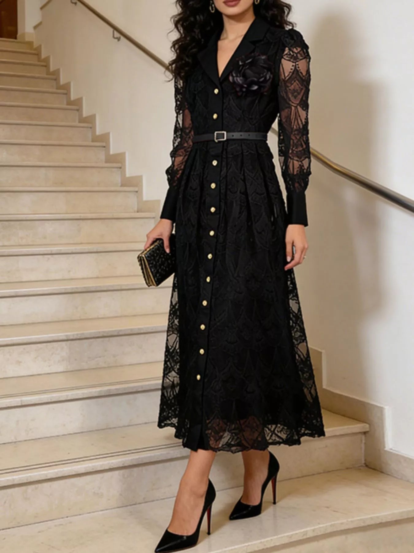 Lace Button Front Midi Dress
