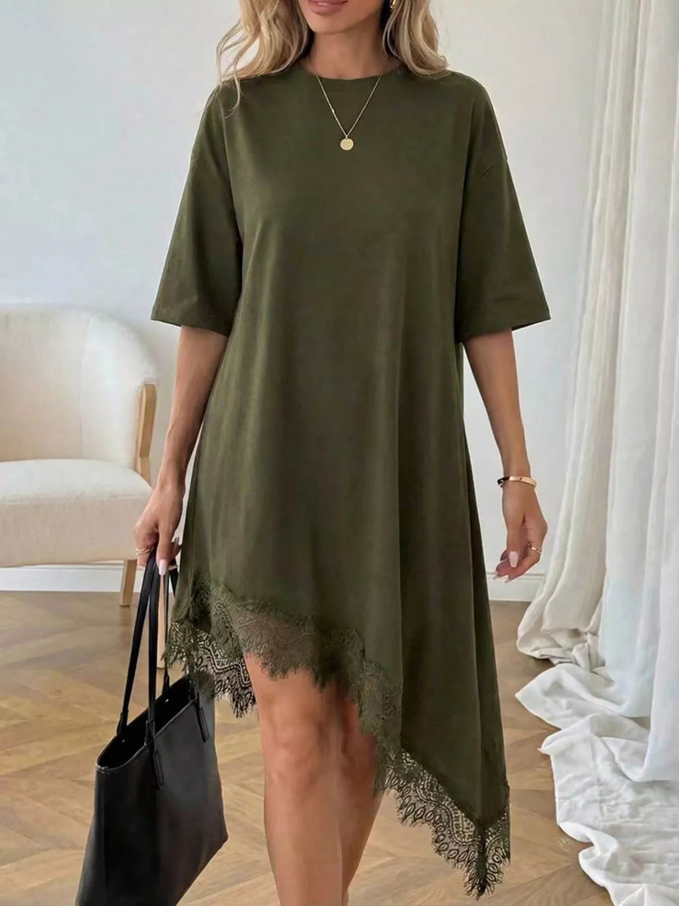 Lace Trim Asymmetrical Hem T-shirt Dress