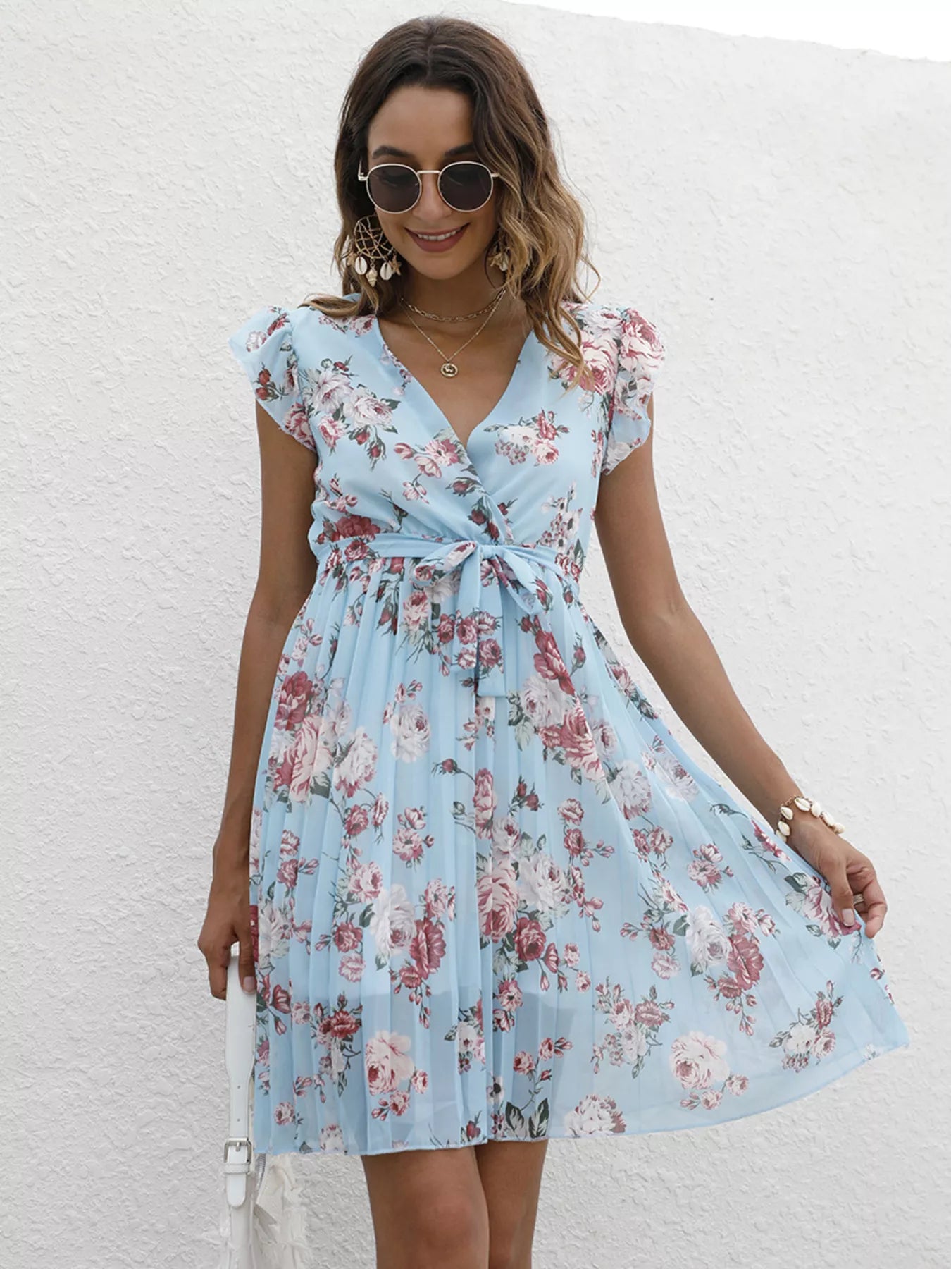 Pleated Floral Print Ruffle Sleeve Dress