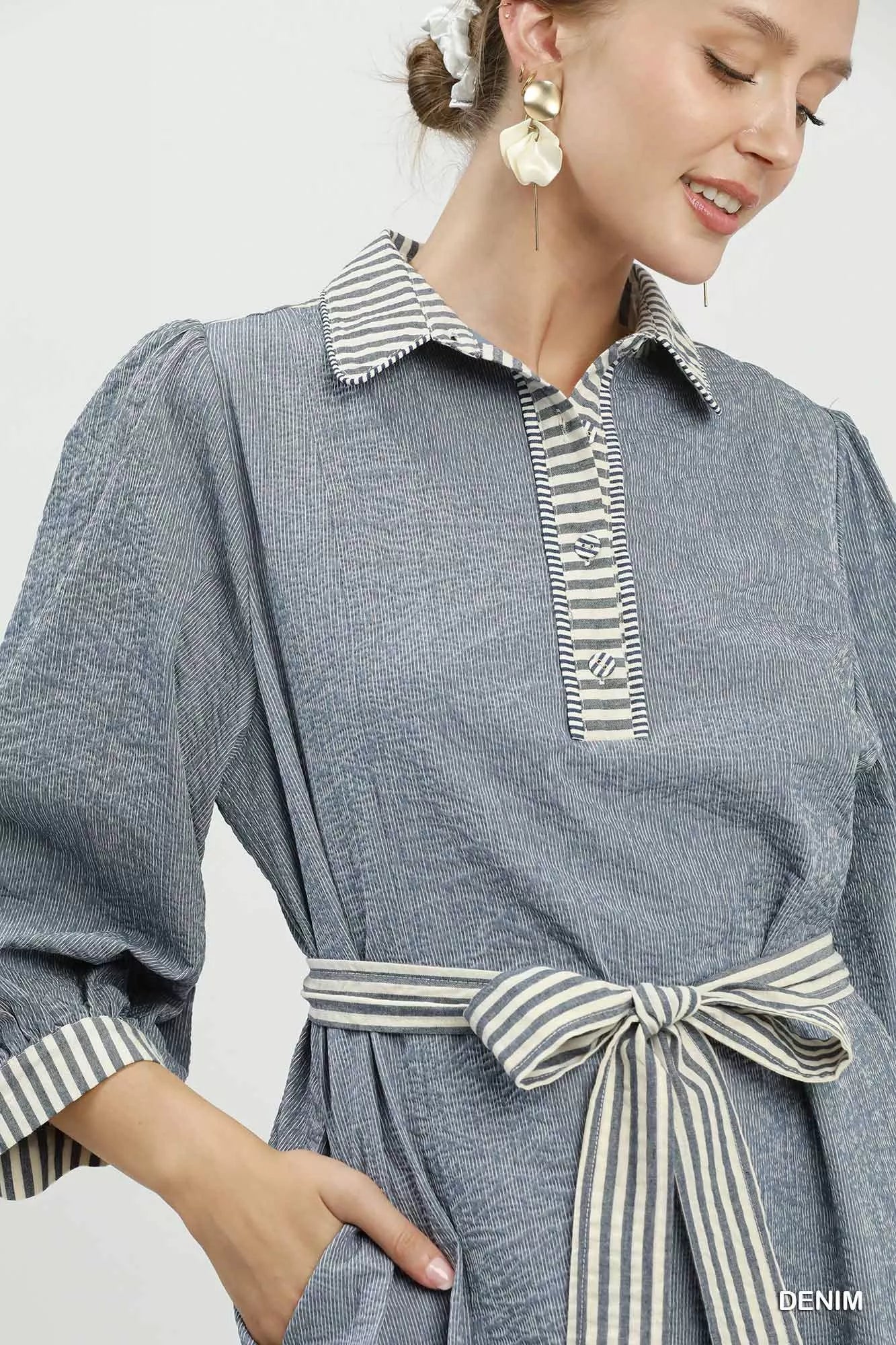 Umgee Striped Contrast Belted Puff Sleeve Mini Dress