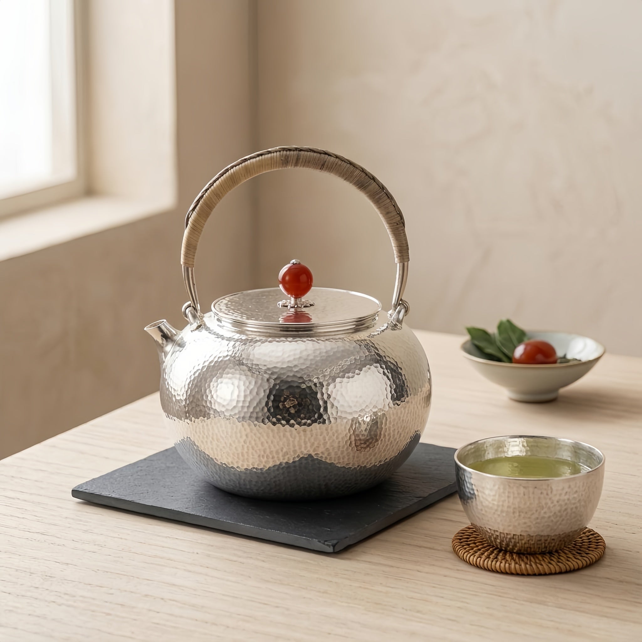 925 Sterling Silver Handcrafted Hammered Silver Teapot with Rattan Handle and Red Agate Finial - Handicraft