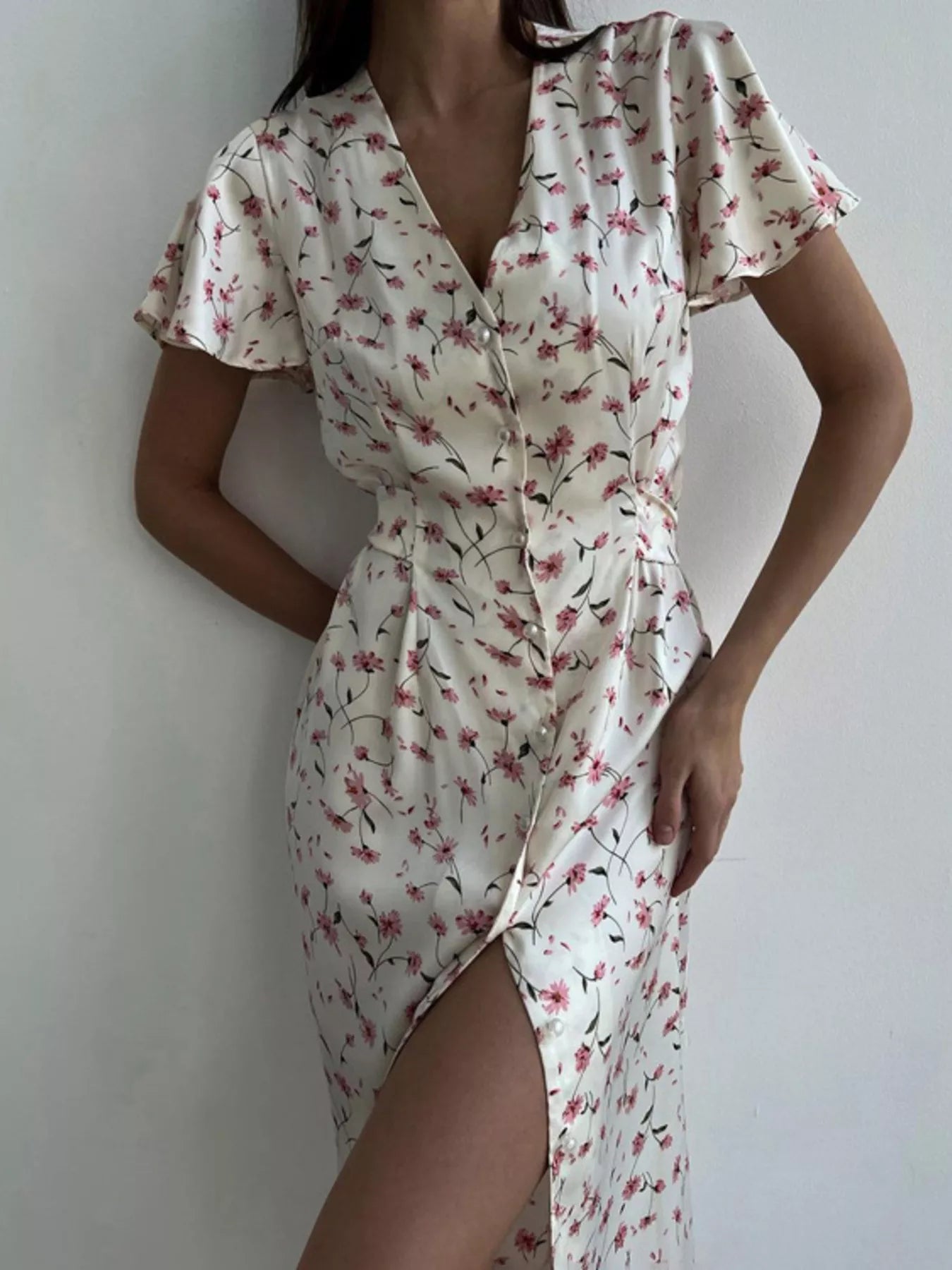 Floral Print V-Neck Flutter Sleeves Midi Dress