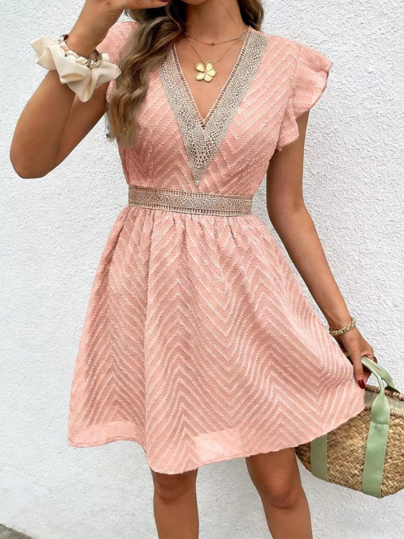 V-Neck Ruffle Sleeve Mini Dress