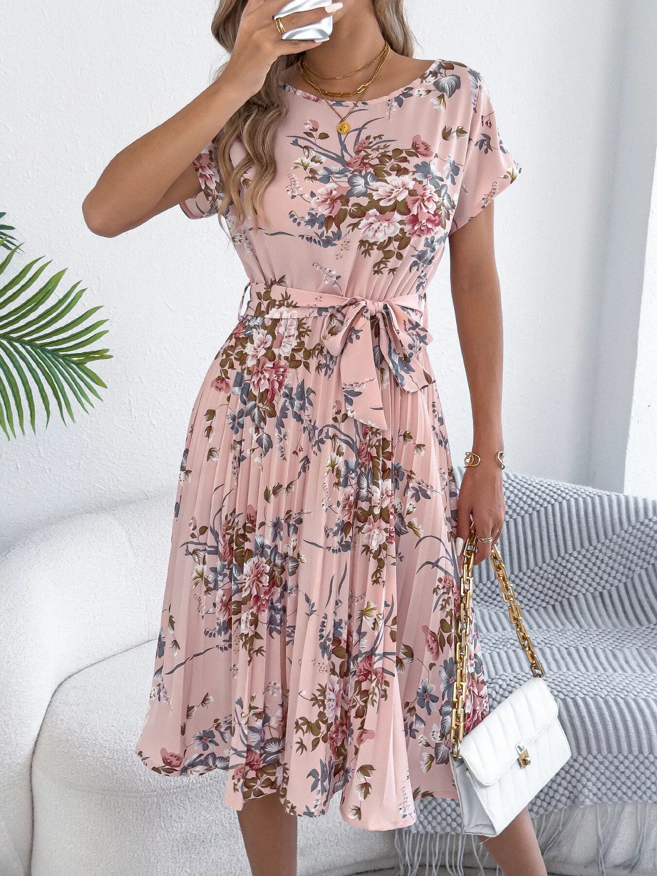 Floral Print Pleated A-Line Midi Dress