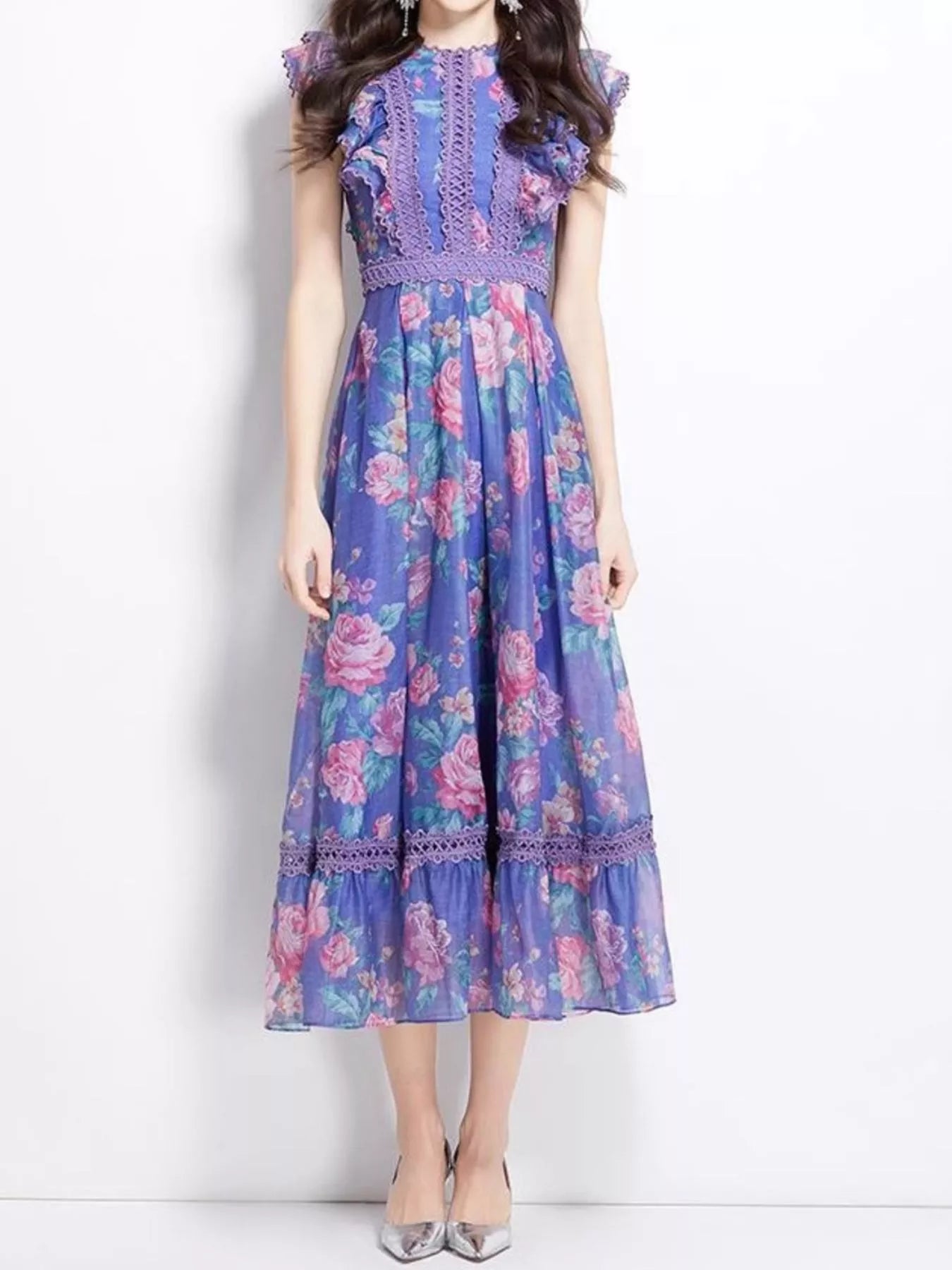 Floral Print Ruffle Sleeve Midi Dress