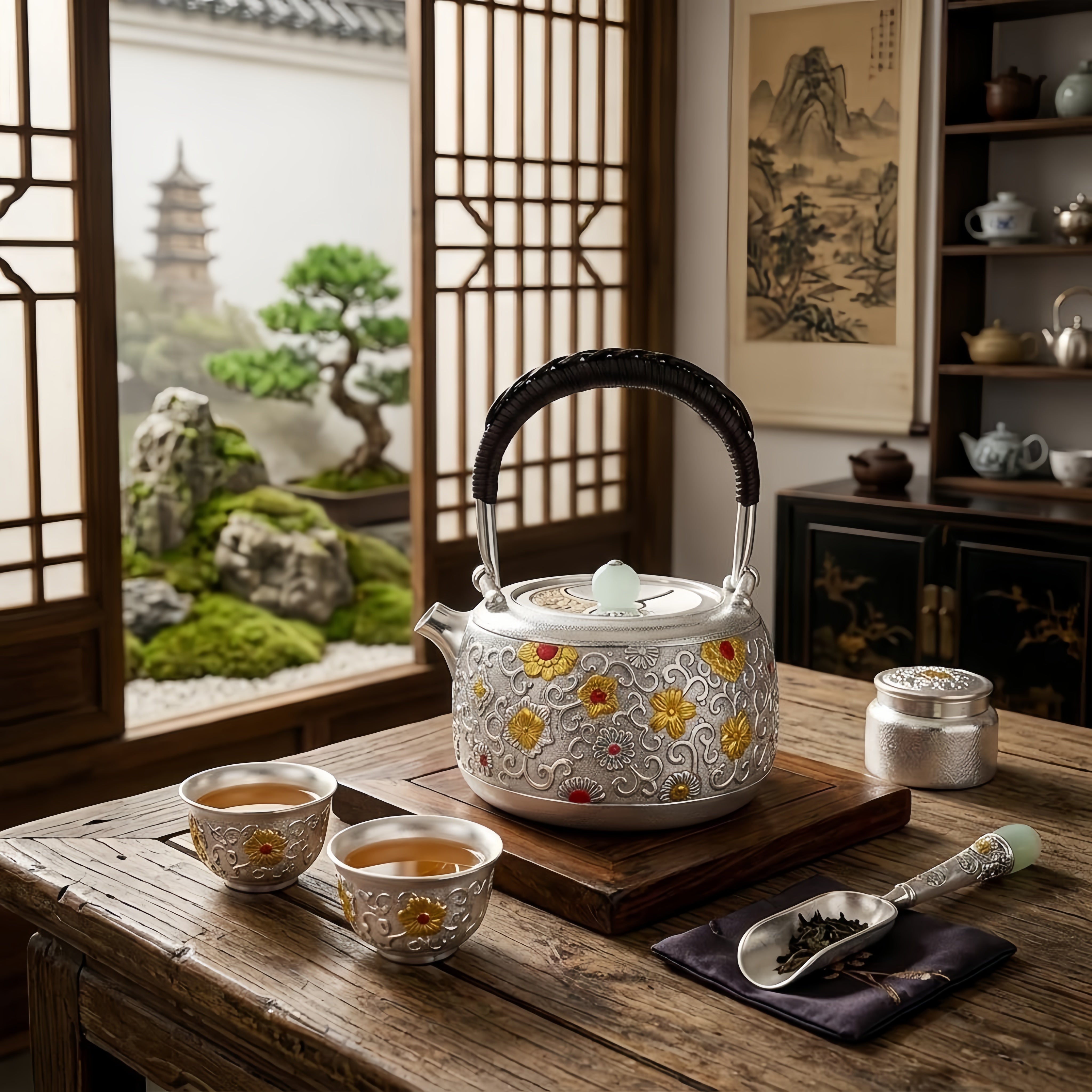 Pure 999 Fine Silver Ornate Handcrafted Silver Teapot Featuring Intricate Floral Relief and Woven Handle - Handicraft