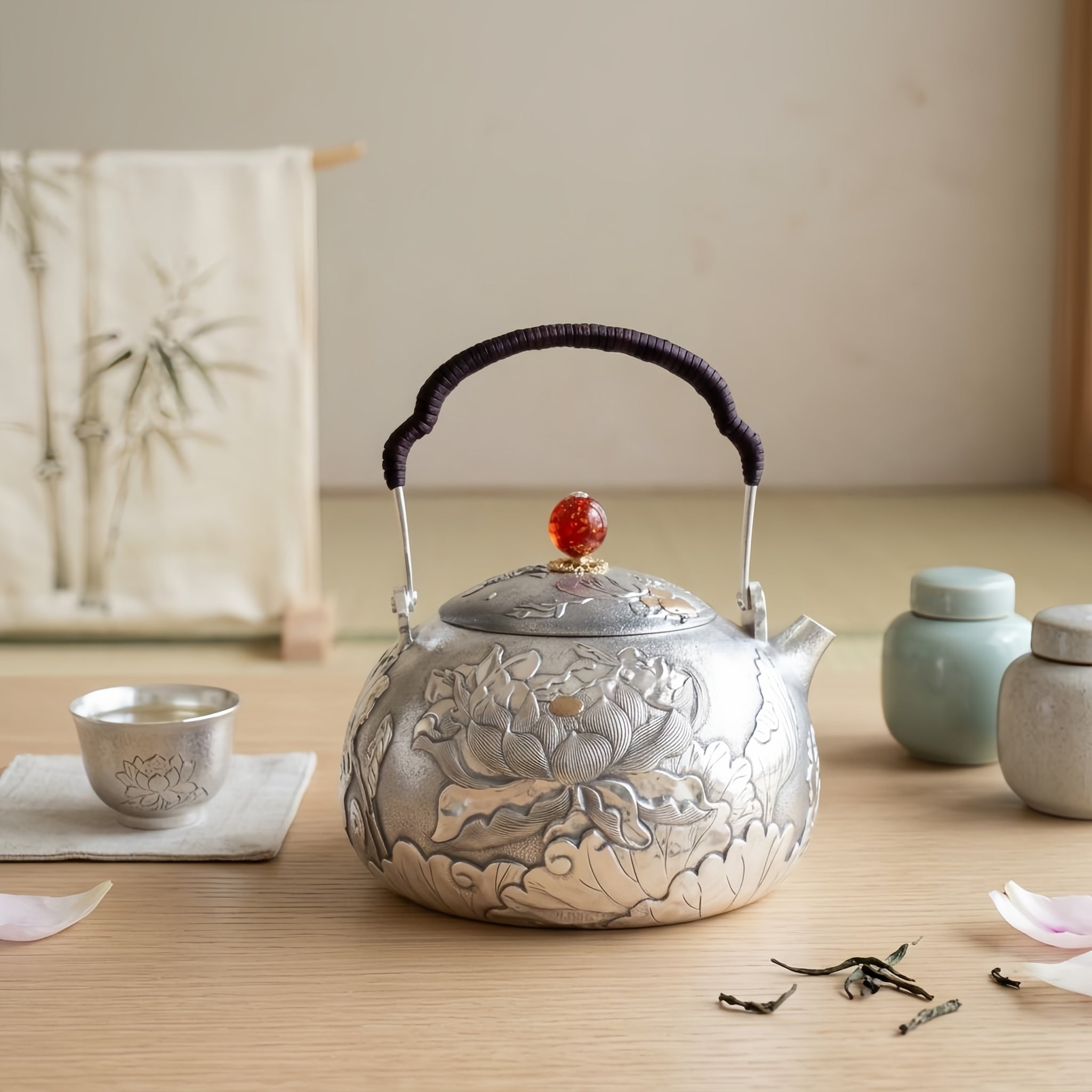 Pure 999 Fine Silver Exquisite Hand-Engraved Silver Teapot with Intricate Lotus Relief and Red Finial - Handicraft