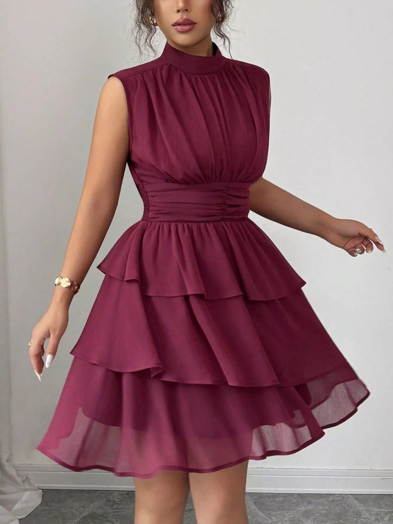 Sleeveless Mock Neck Layered Ruffle Dress