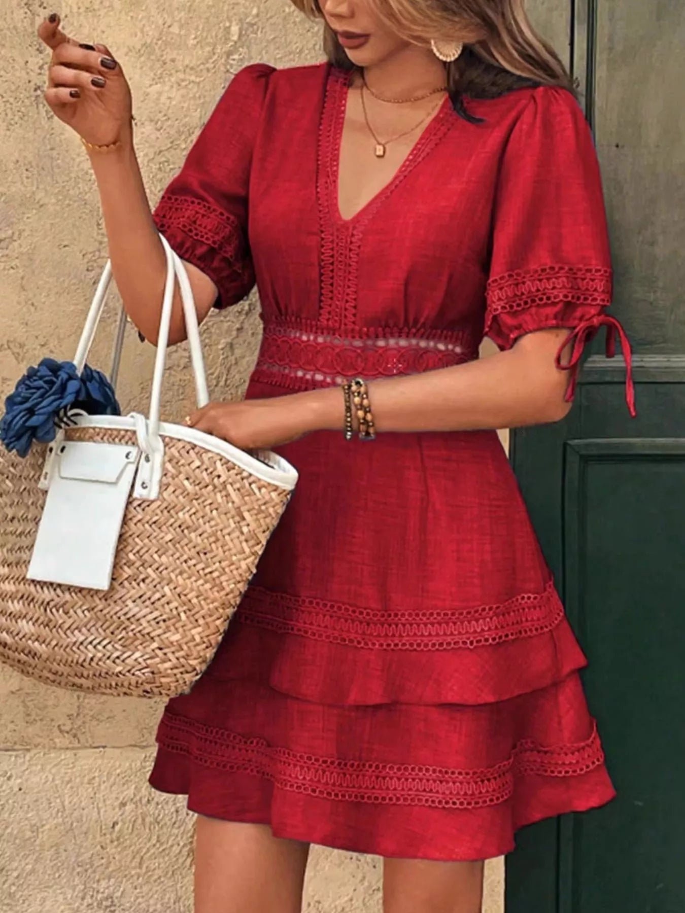 Lace Detail V-Neck Mini Dress