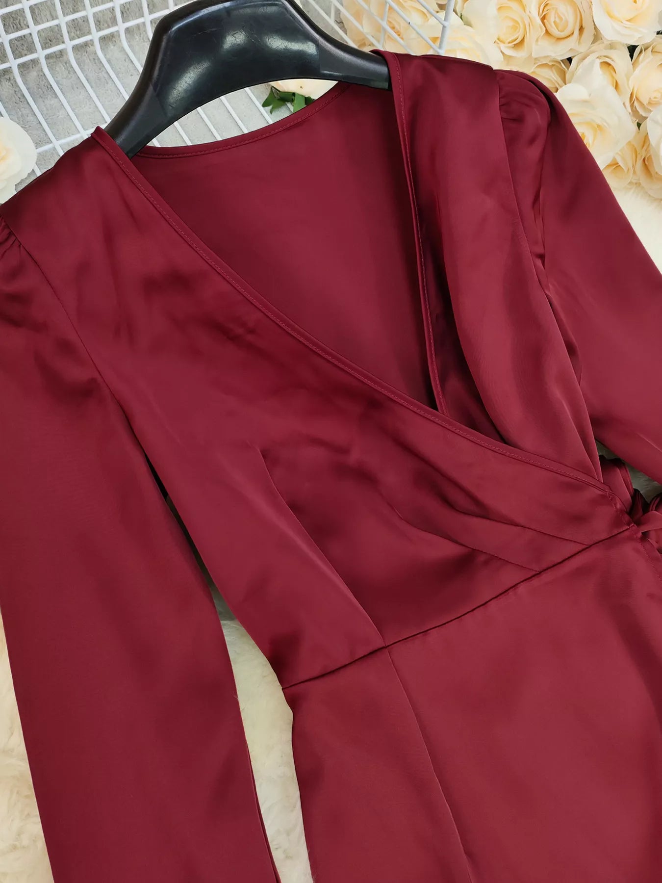 Surplice Satin Long Sleeve Dress