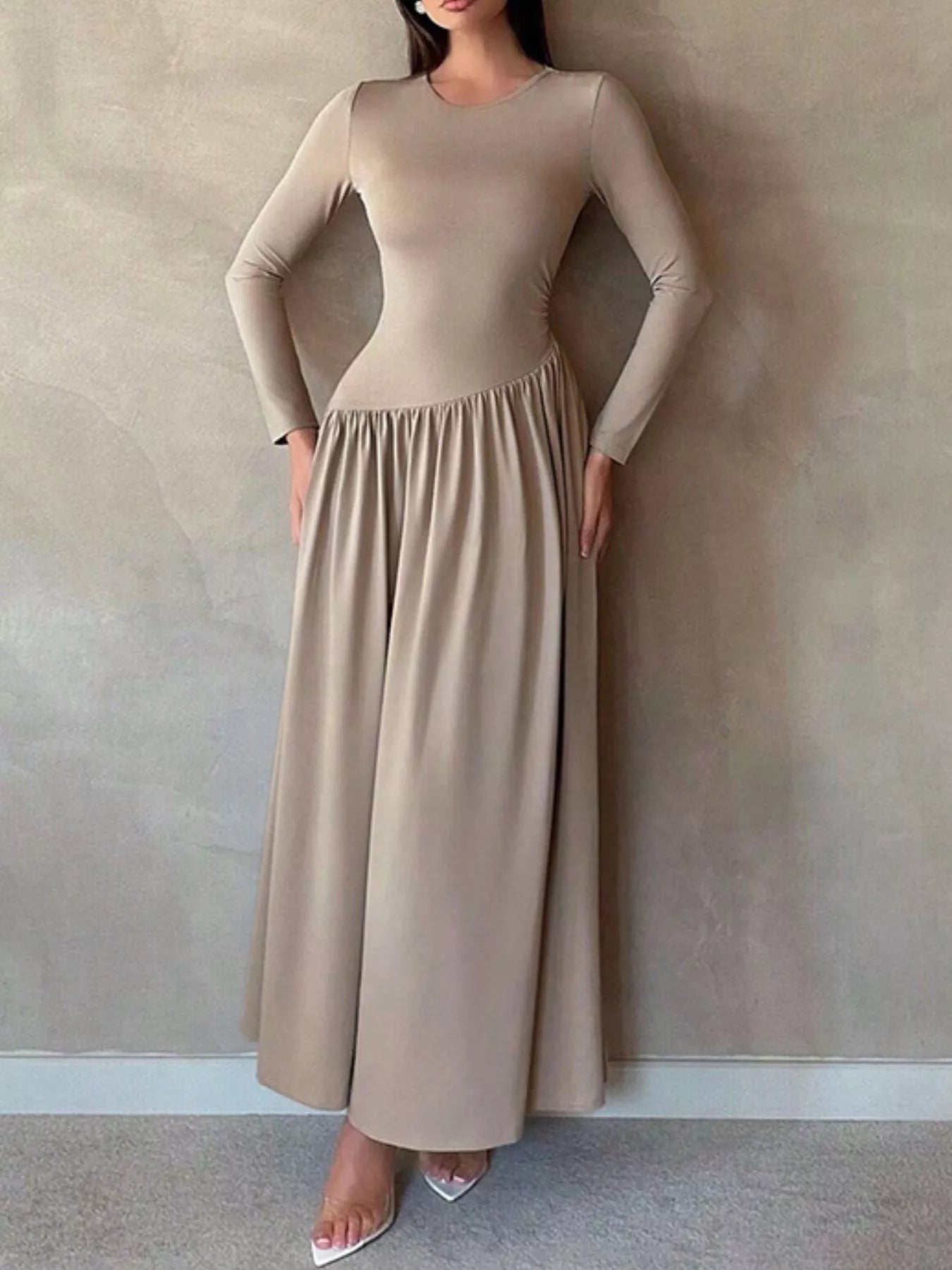 Long Sleeve Ruched A-Line Maxi Dress