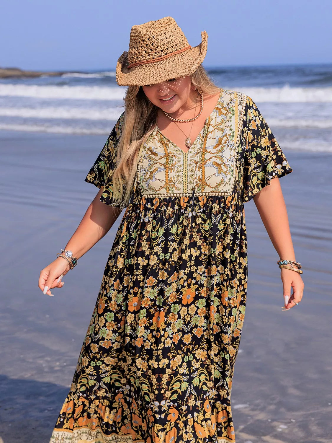 Plus Size Bohemian Floral Tiered Maxi Dress