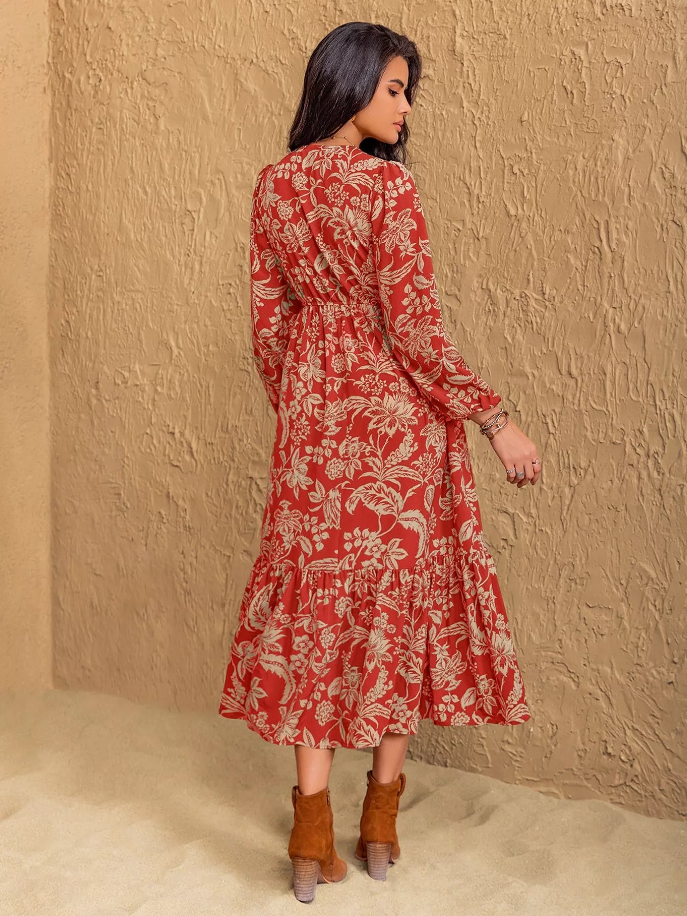 Boho Floral Print Long Sleeve Midi Dress