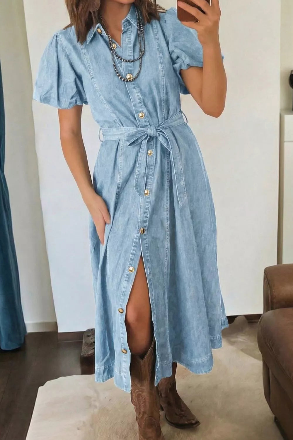 Full Buttons Collared Short Bubble Sleeve Long Denim Dress