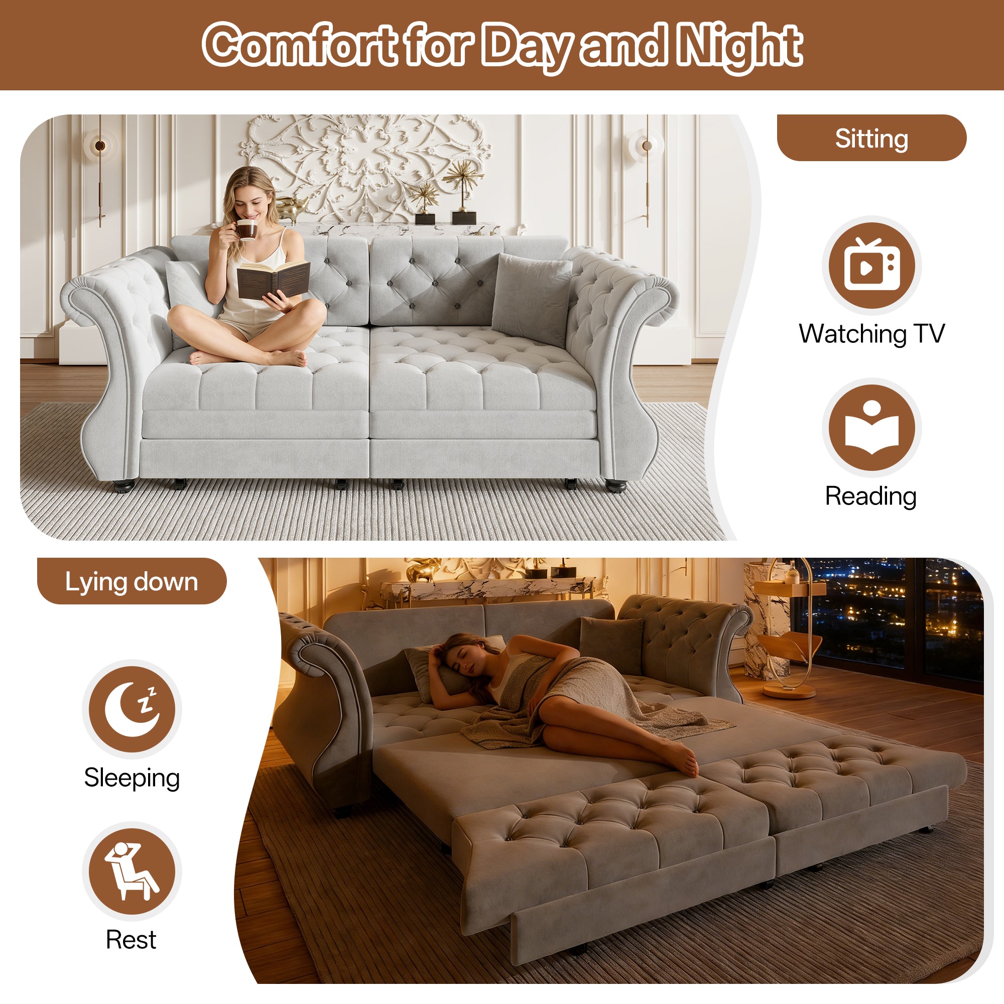 83.8" Oversized Chesterfield Pull Out Sofa Bed