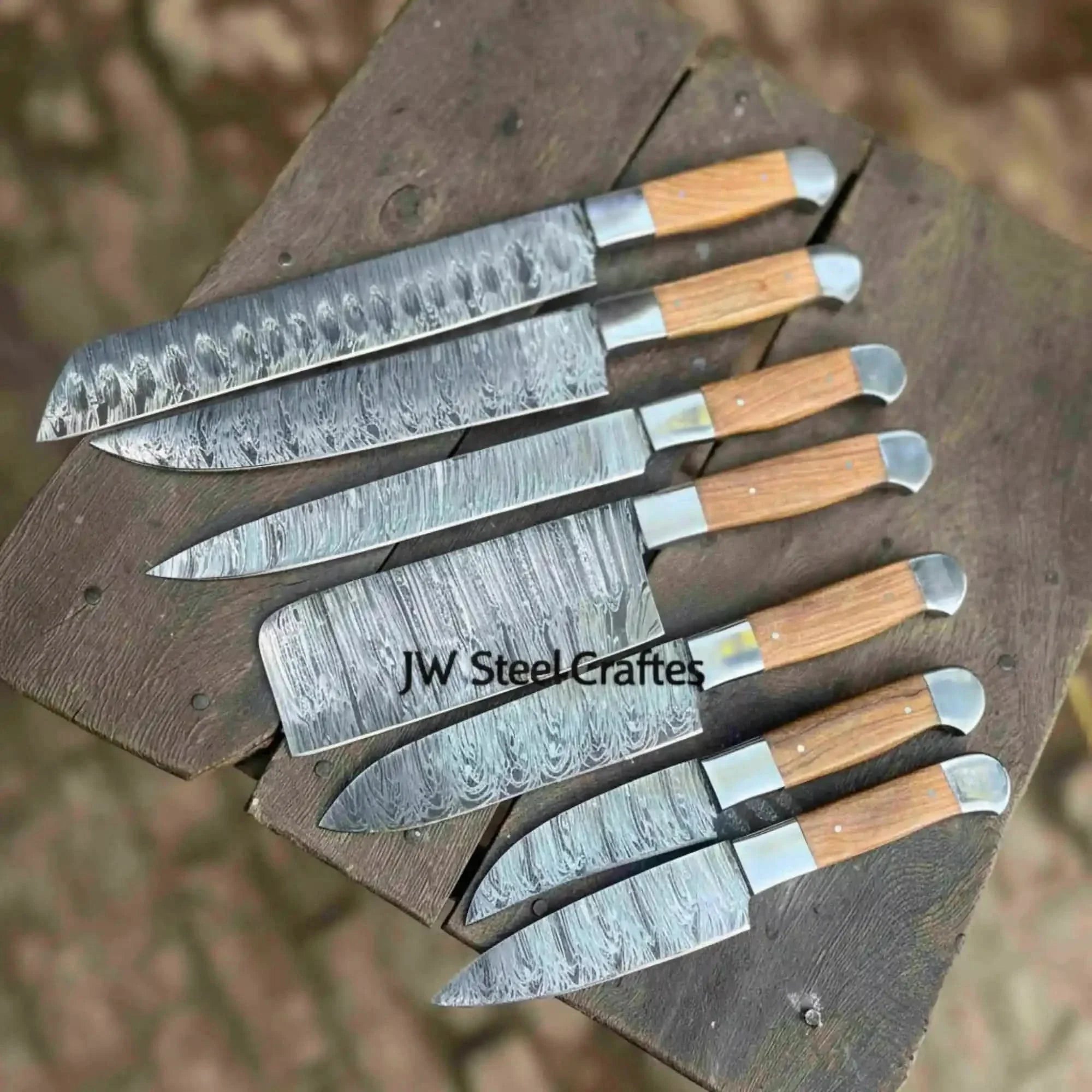 Hand Forged 7-Piece Damascus Chef Knife Set — Natural Wood Handles