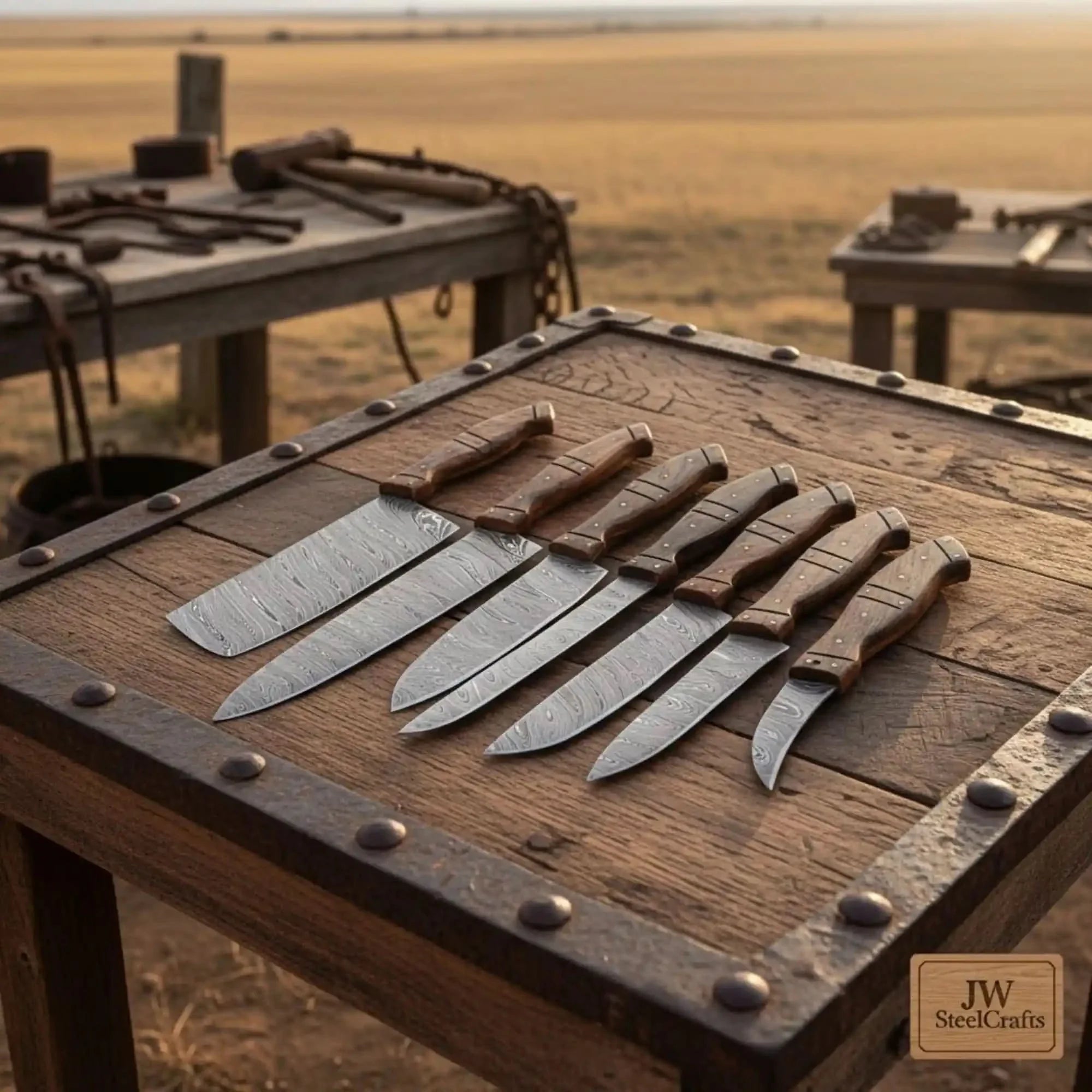 7-Piece Damascus Kitchen Knife Set — Bread, Nakiri, Chef, Santoku, Utility, Boning & Paring with Rosewood Handles & Wood Spacer