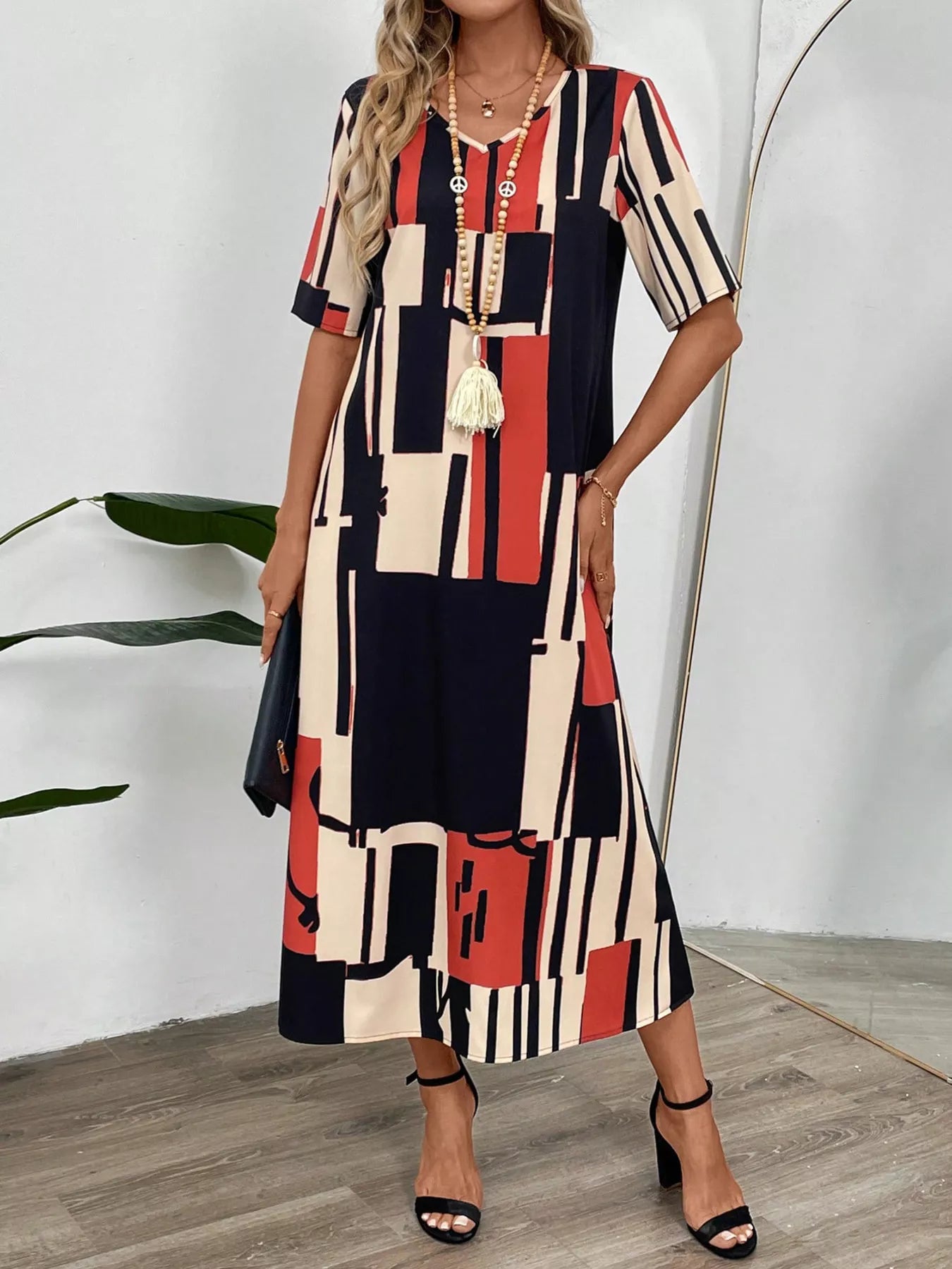 Abstract Geometric Print V-Neck Midi Dress