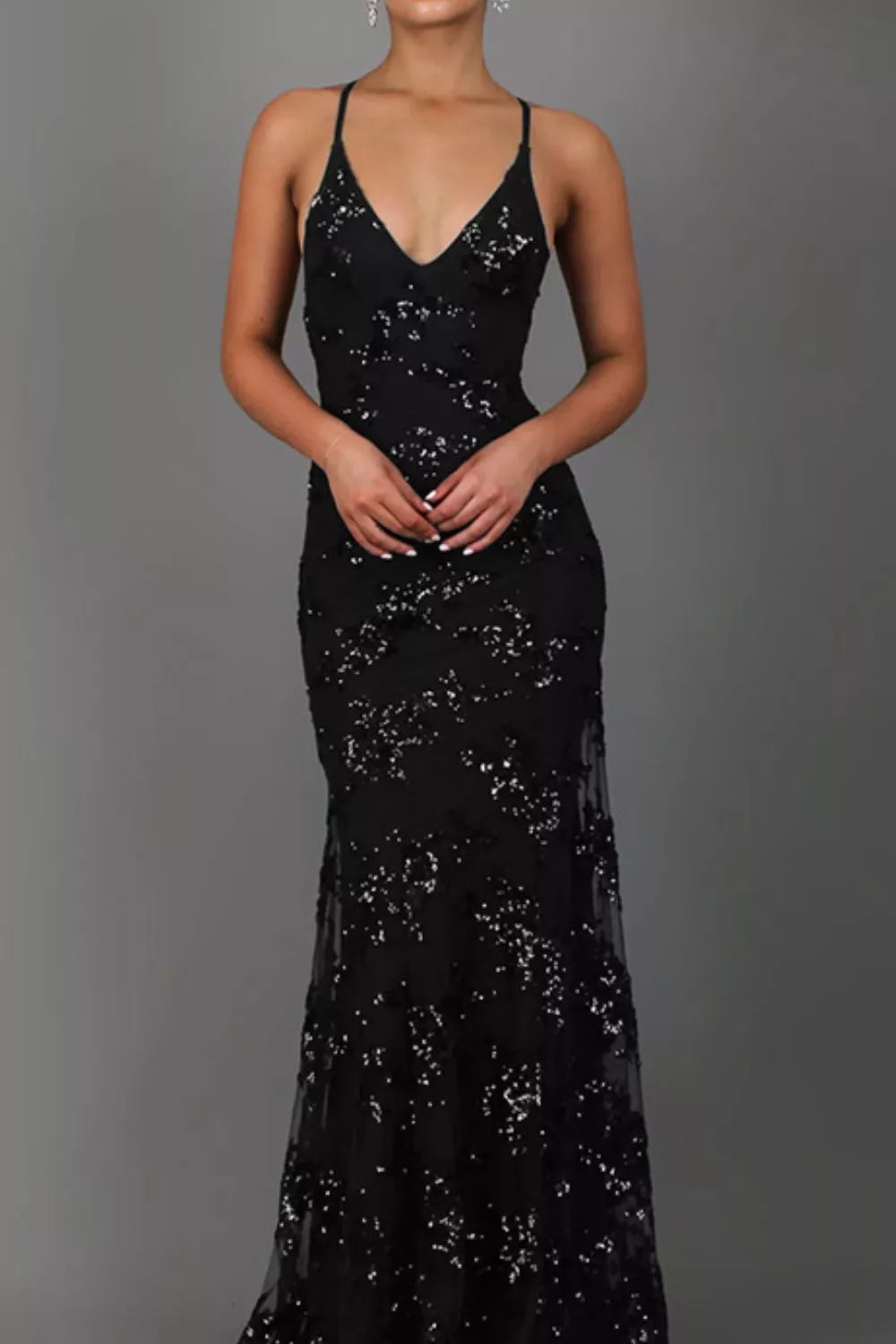 Full Size Sequin Tie Back V-Neck Maxi Dress Plus Size