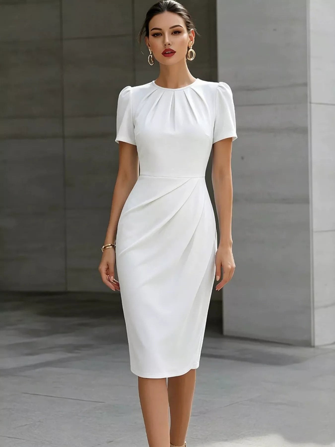 Ruched Short Sleeve Midi Dress