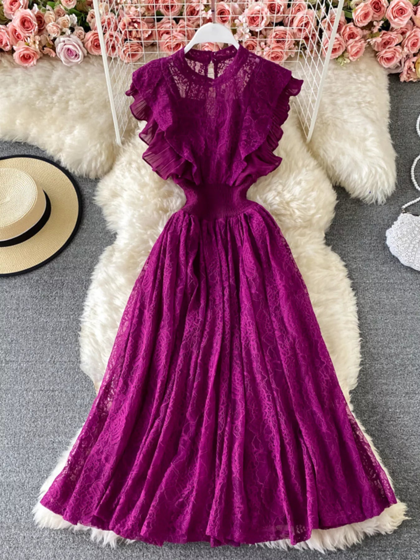 Ruffled Mock Neck Lace Maxi Dress