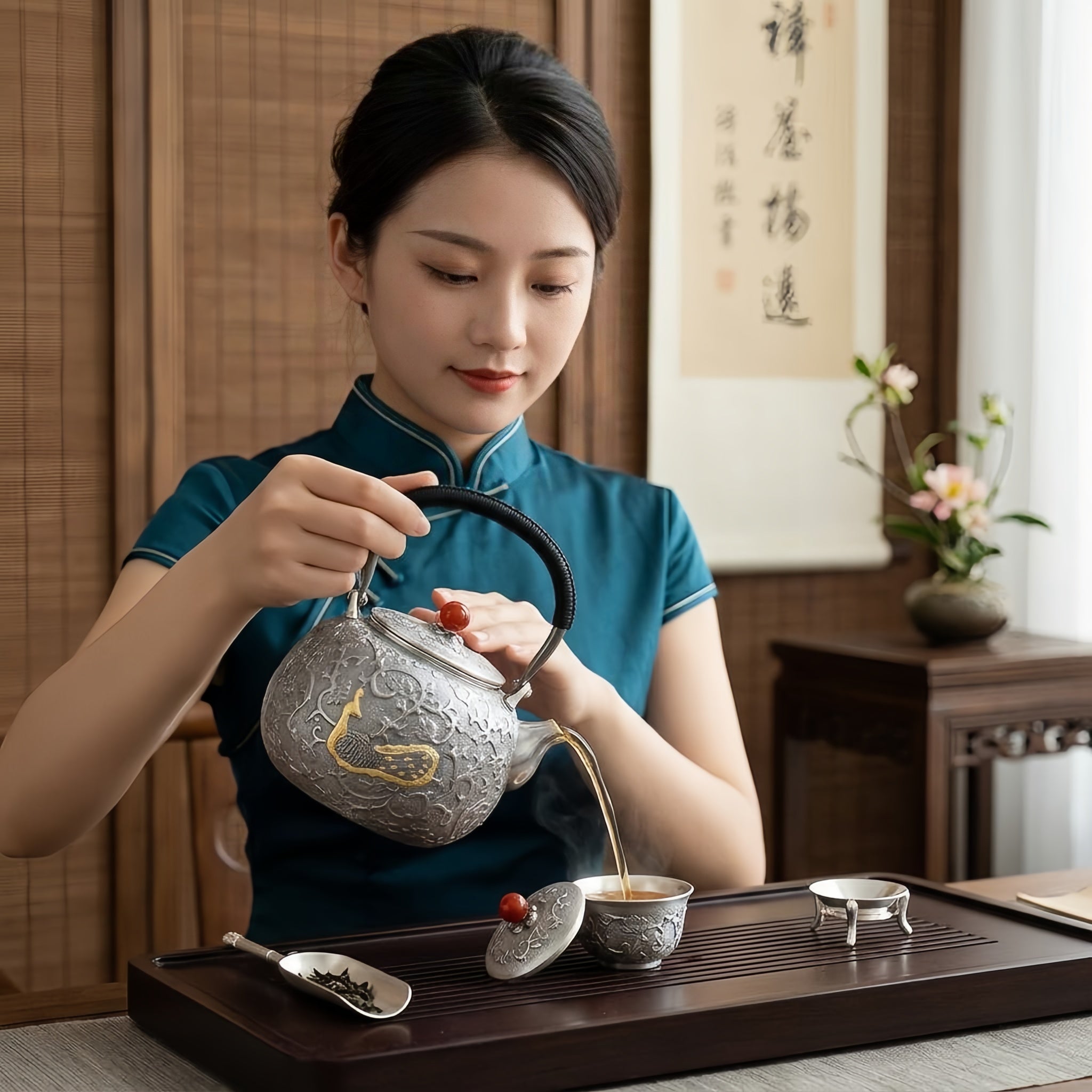 Pure 999 Fine Silver Ornate Handcrafted Silver Teapot Featuring Exquisite Peacock Relief and Crimson Gemstone Finial - Handicraft