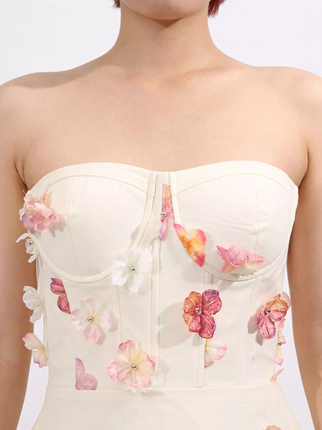 Floral Applique Strapless Tulle Maxi Dress