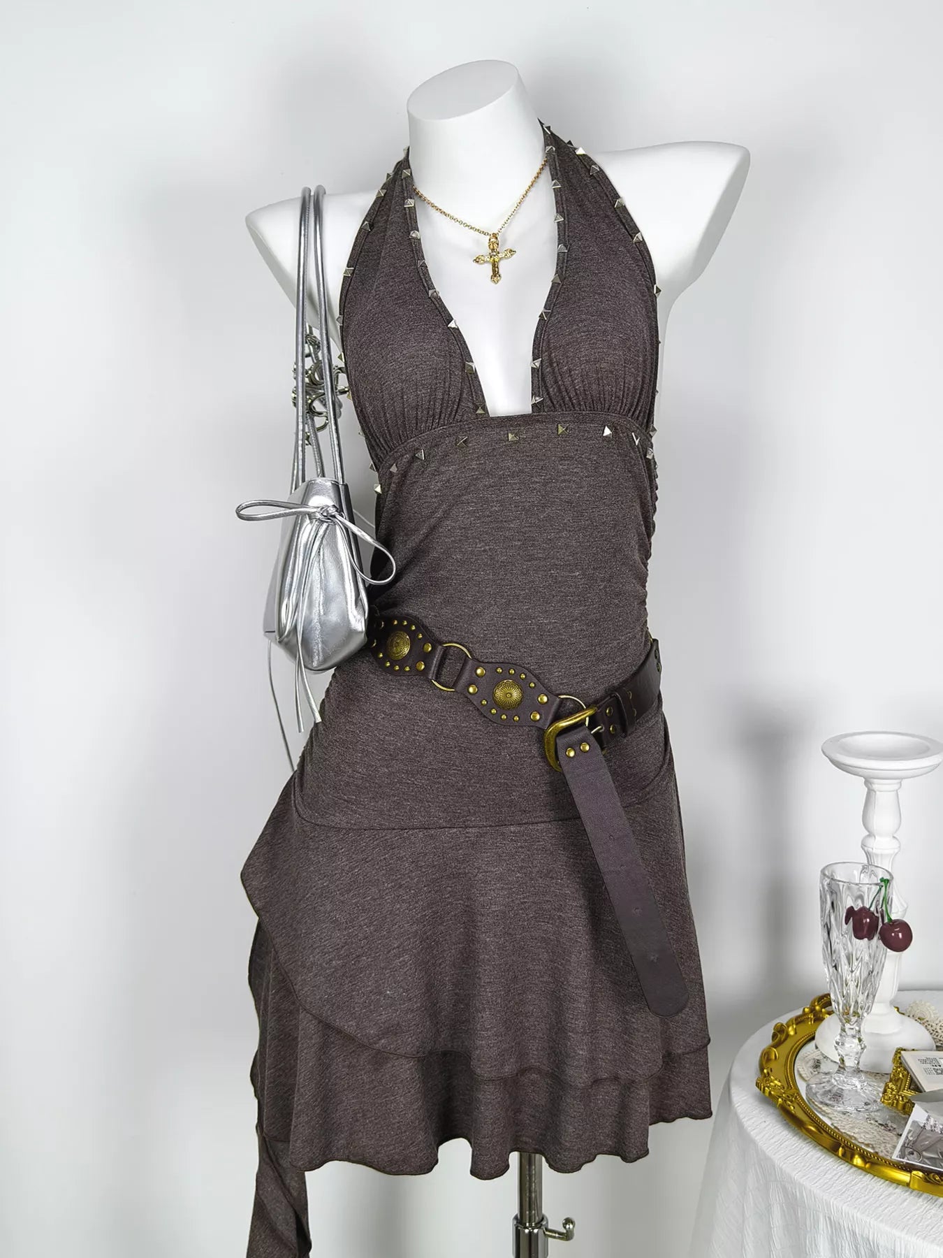 Studded Halter Neck Ruffle Hem Mini Dress