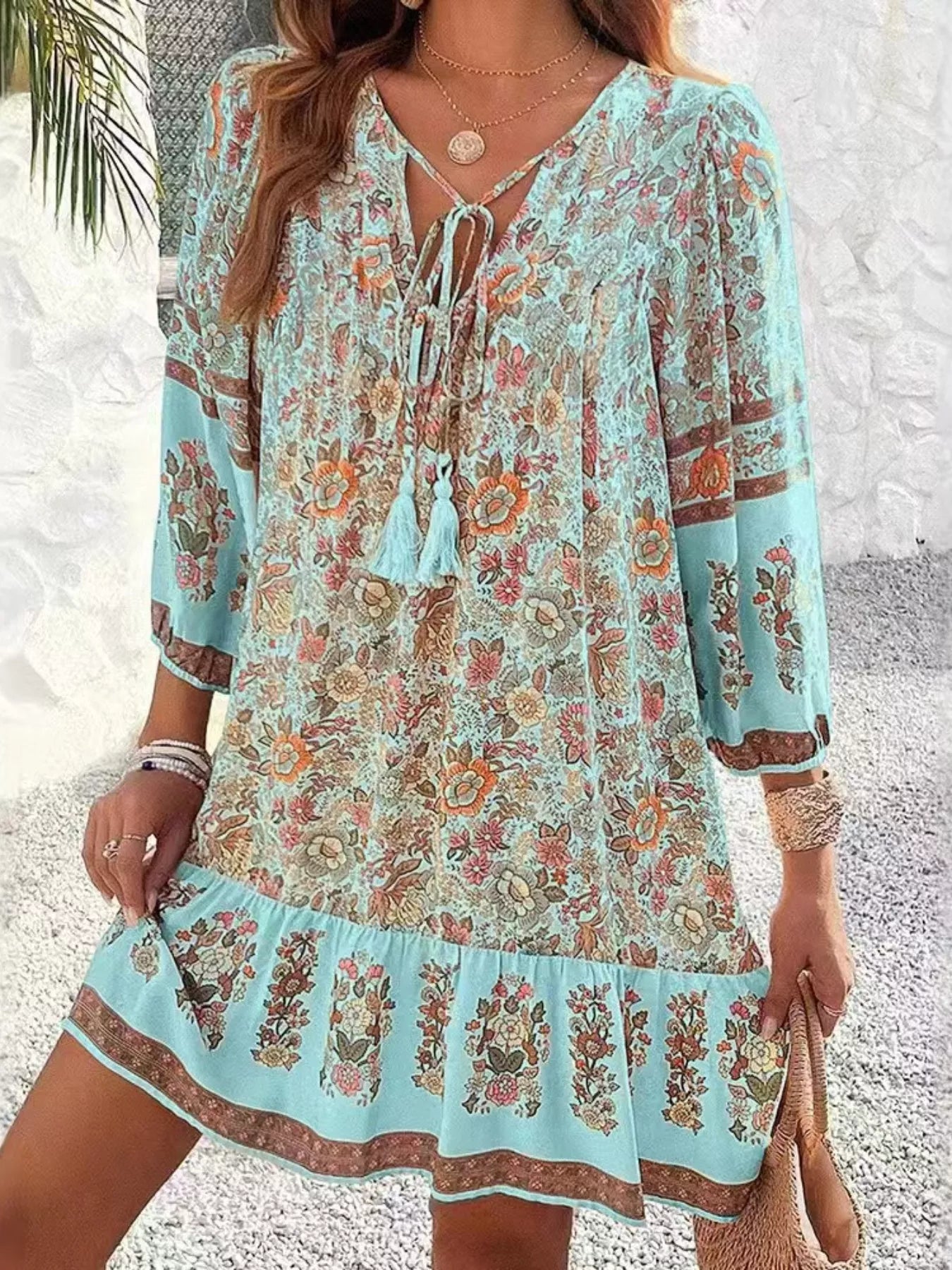 Floral Print Tassel Tie Neck Mini Dress