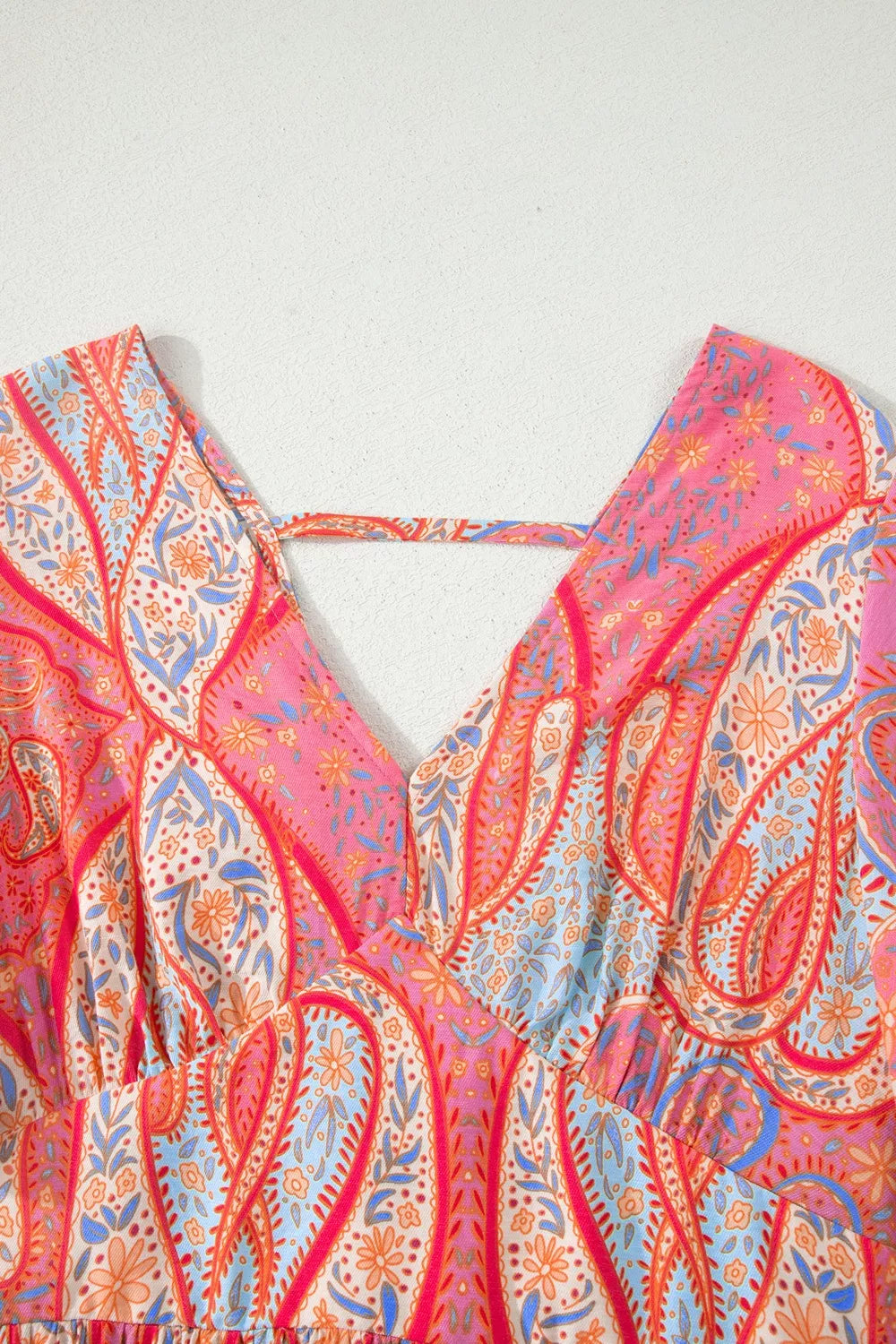 Paisley Print V-Neck Short Sleeve Boho Dress with Ruffle Details