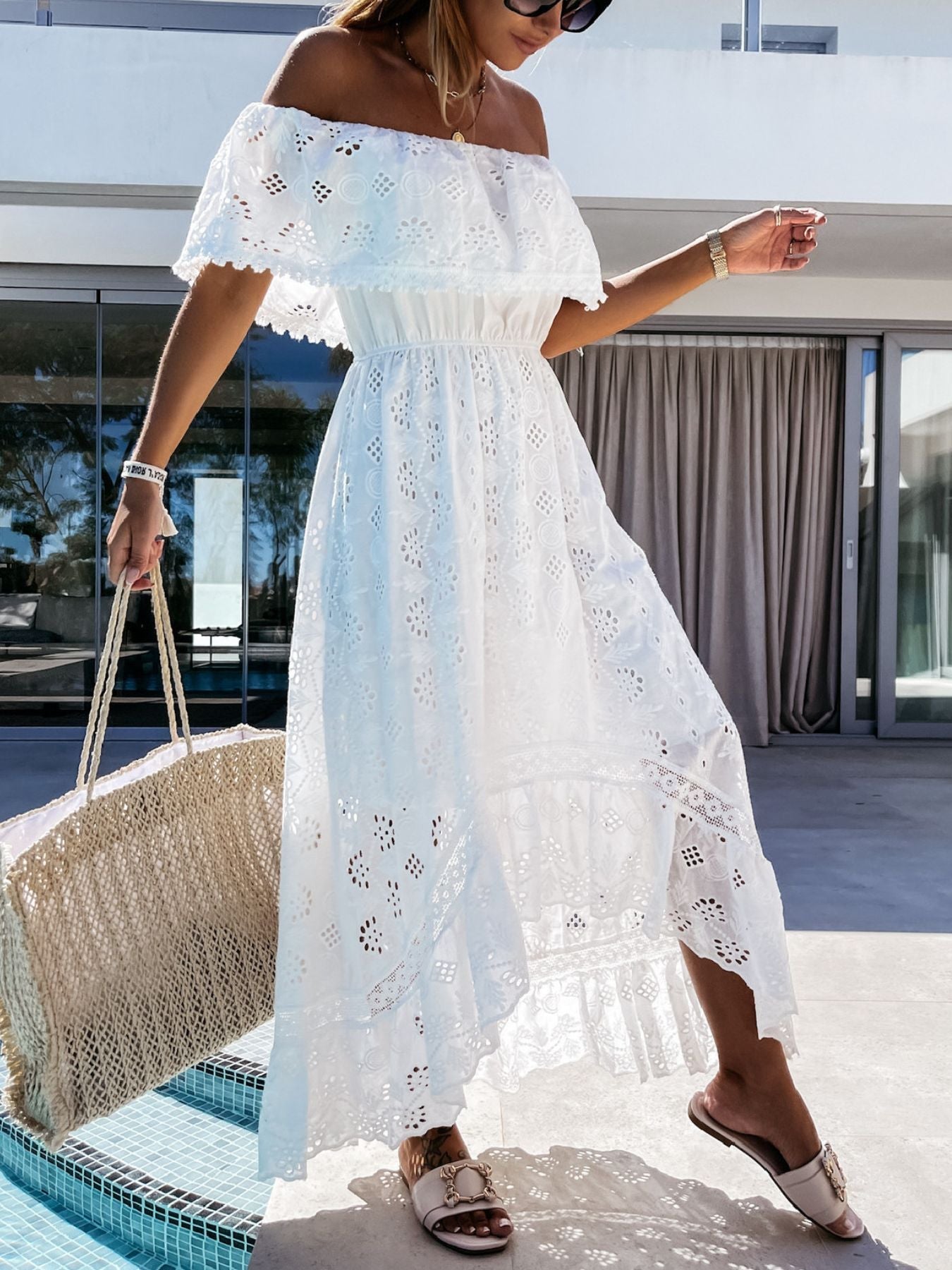 Off-Shoulder Eyelet Lace High-Low Maxi Dress