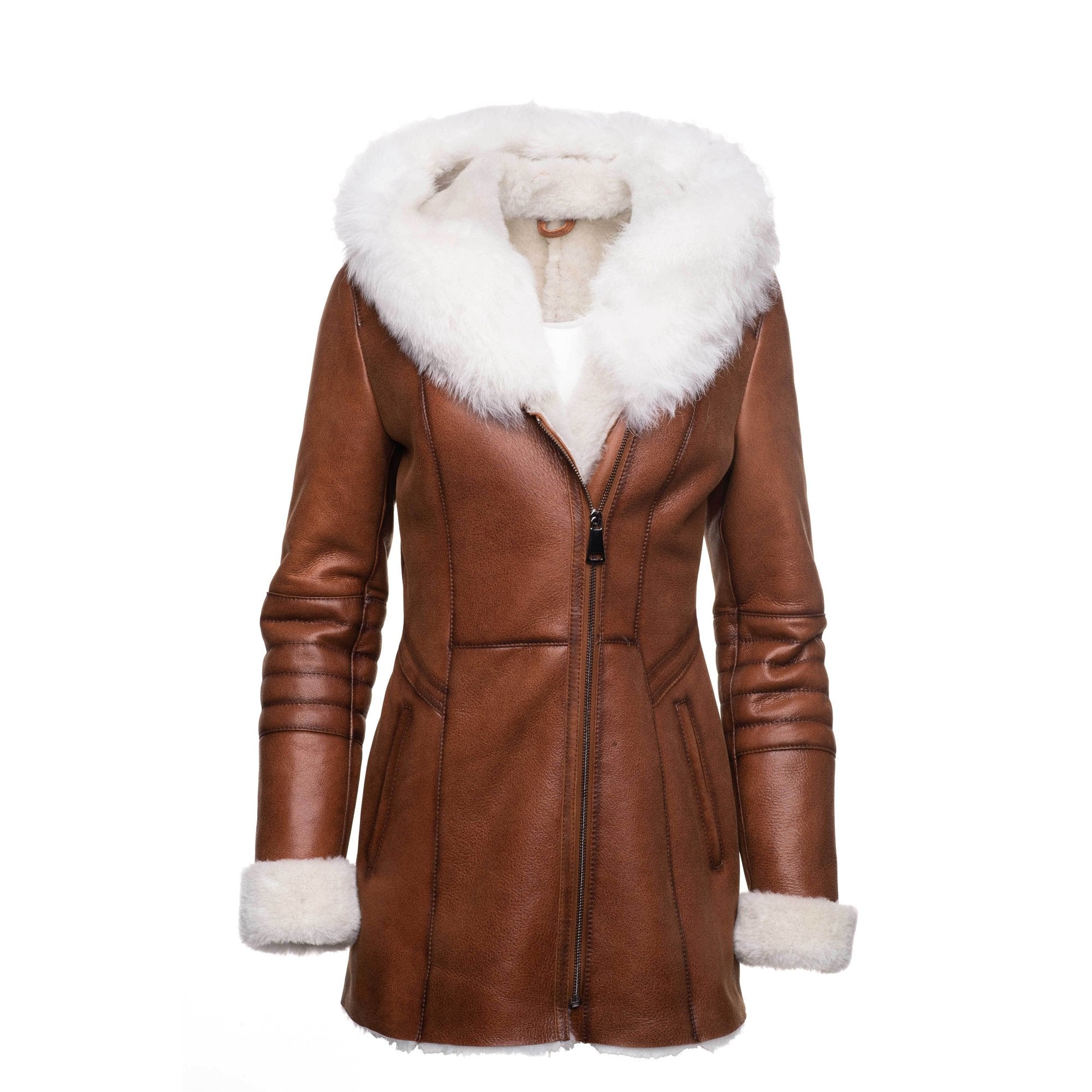 Ayvas Tan Shearling Coat with Fox Fur Trim Hoodie