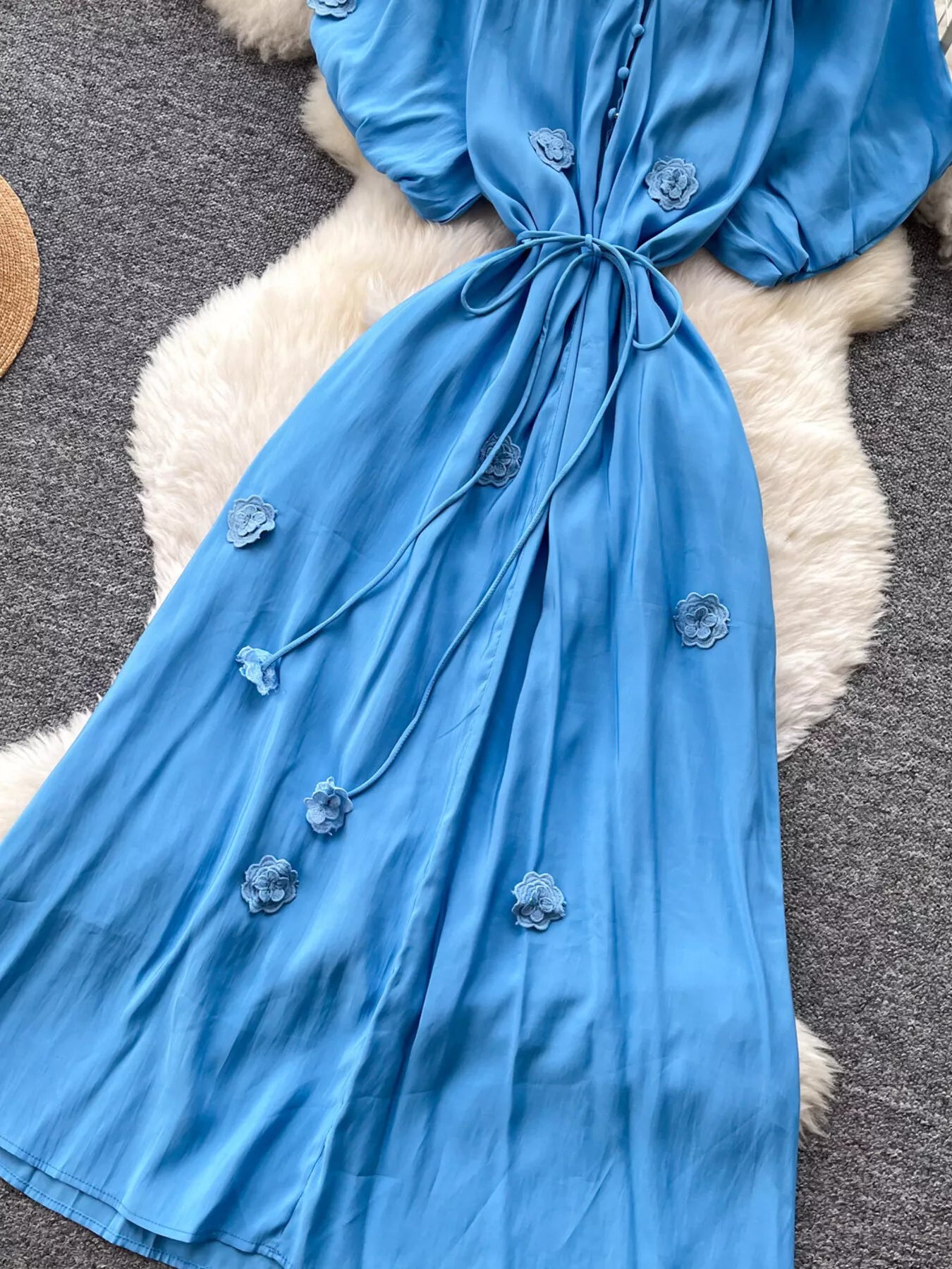 Floral Decor Tie Waist Puff Sleeve Dress