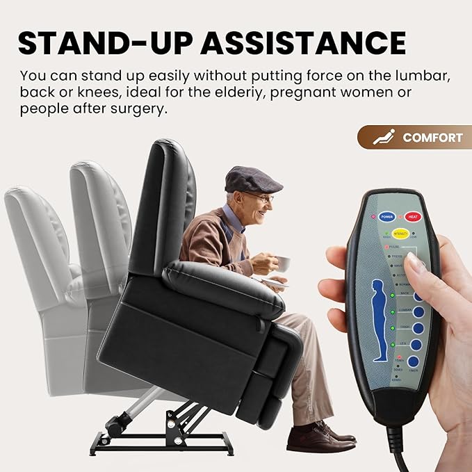 Large Dual Motor Power Lift Recliner Chair with Massage and Heat for Elderly People, Infinite Position,USB Ports and Remote Control,Breathable Leather (Black)