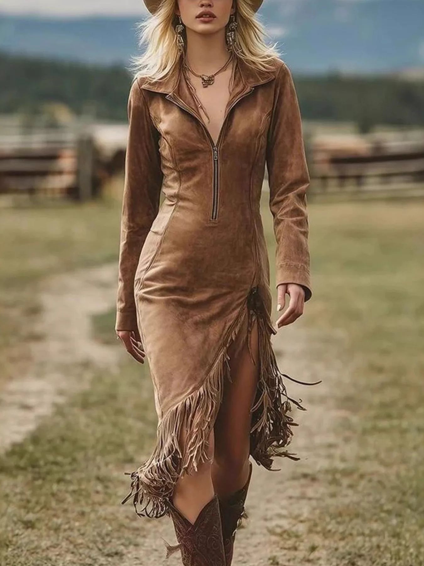 Full Size Fringe Hem Zip Front Bodycon Dress Plus Size
