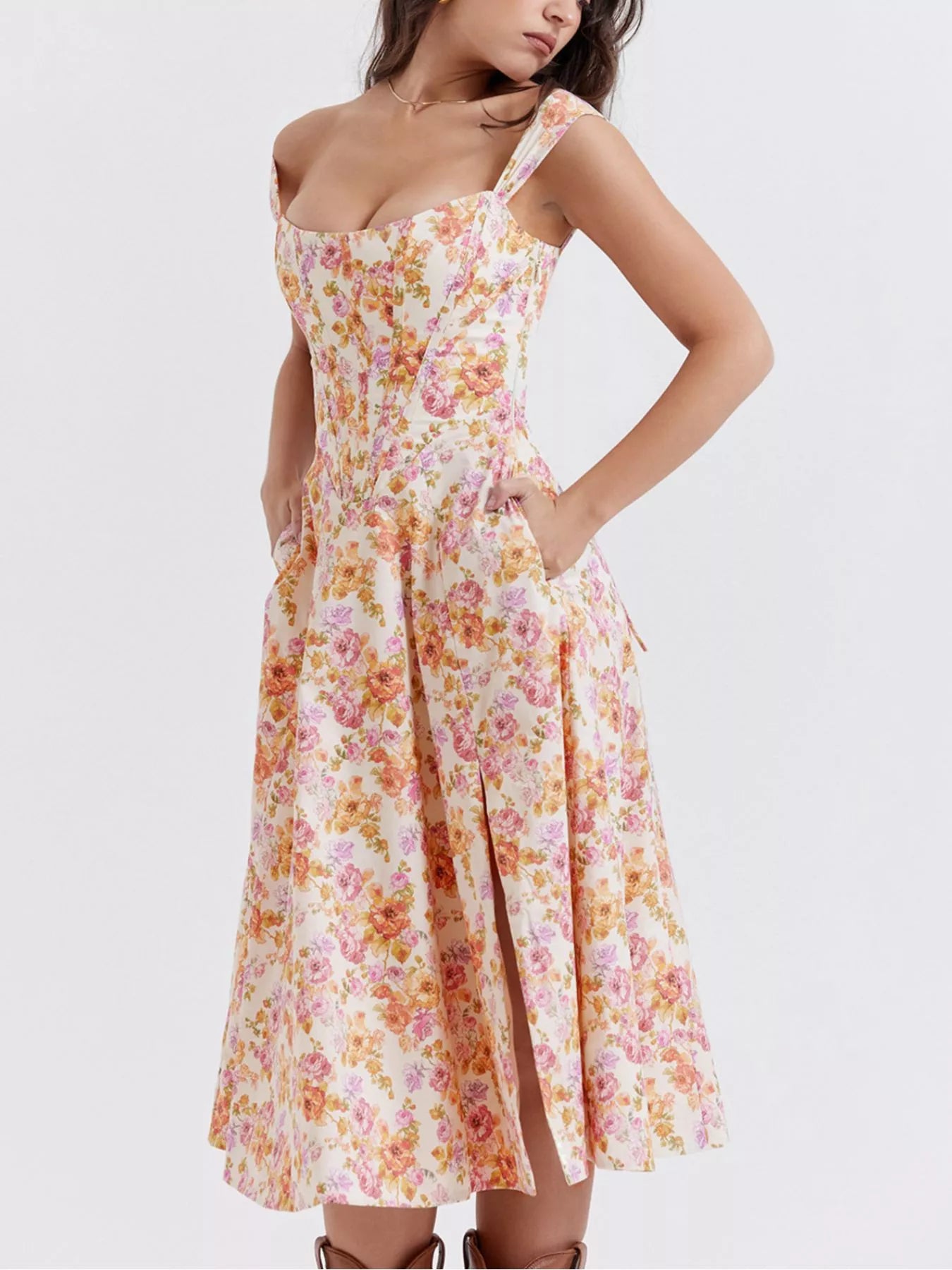 Floral Print Midi Dress with Slit