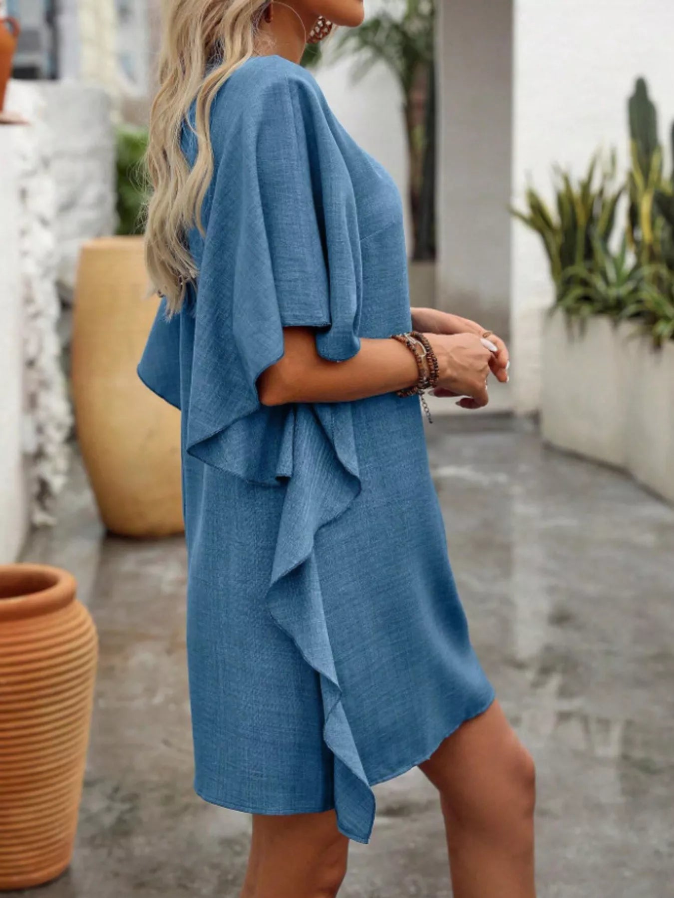 Flowy Sleeve V-Neck Casual Mini Dress