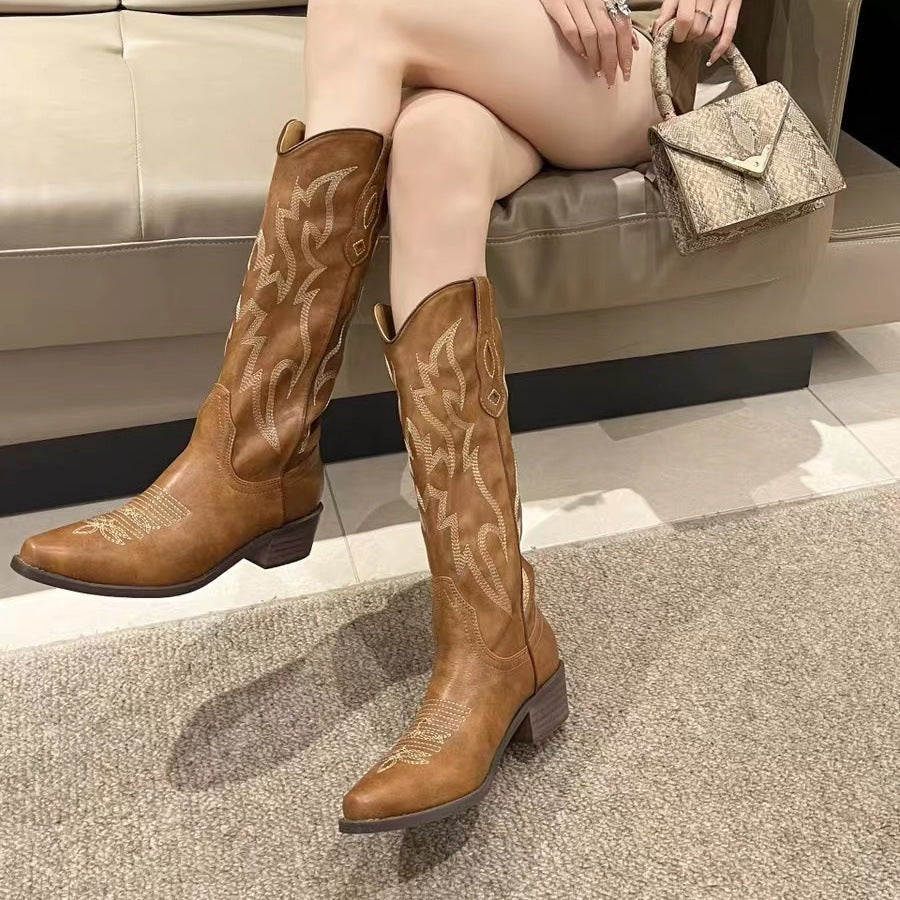High-Heeled Embroidered Western Cowboy Soft-Leather Over-the-Knee Boots For Early Autumn
