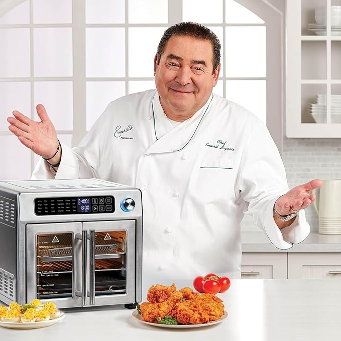 Emeril Lagasse 26QT French Door Multi-Function Air Fryer Toaster Oven | 26QT air fryer oven with French doors, 24 cooking functions, dual-speed fan and rotisserie for easy family meals.