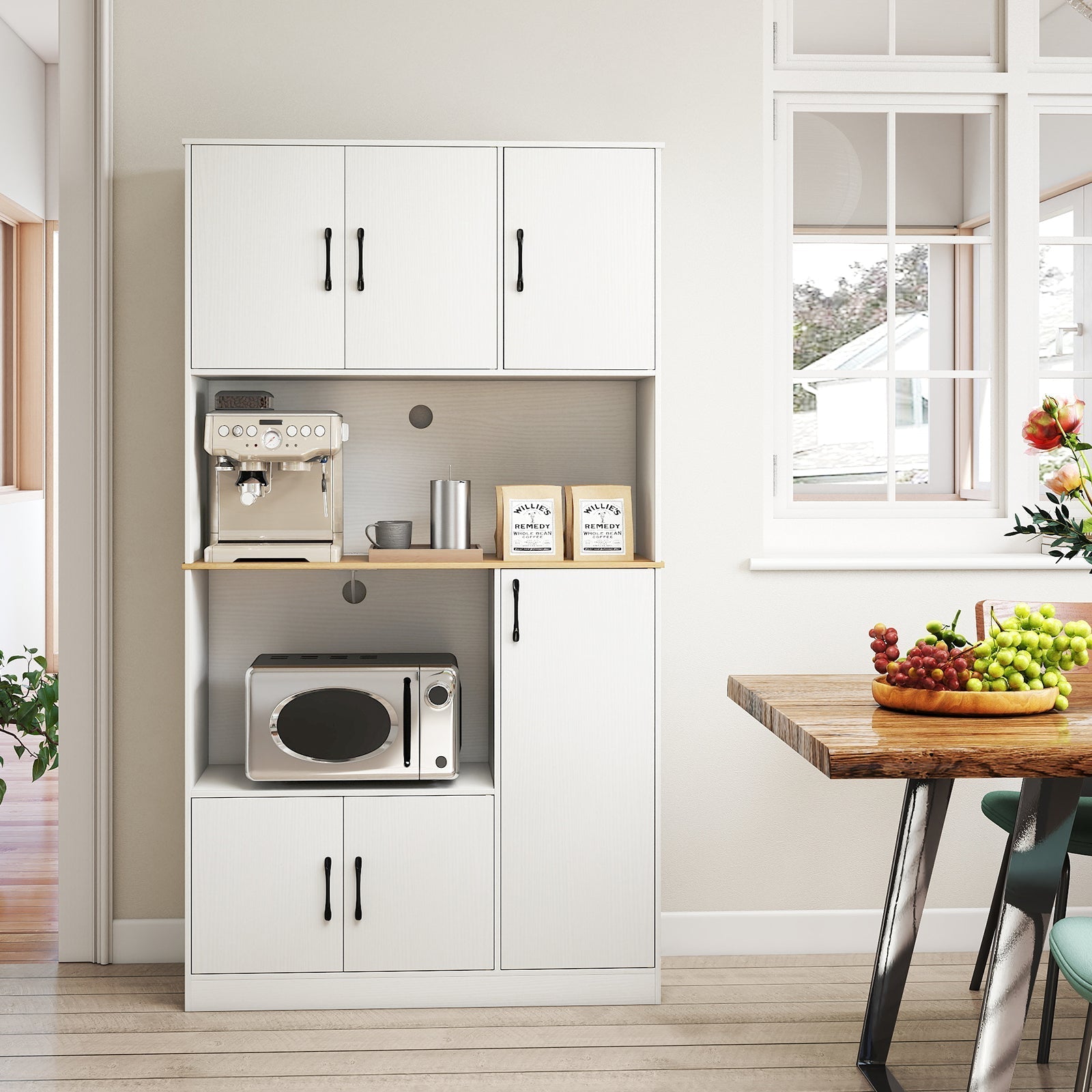 71" Tall Kitchen Pantry Cabinet with Charging Station Wooden Buffet Cupboard Sideboard