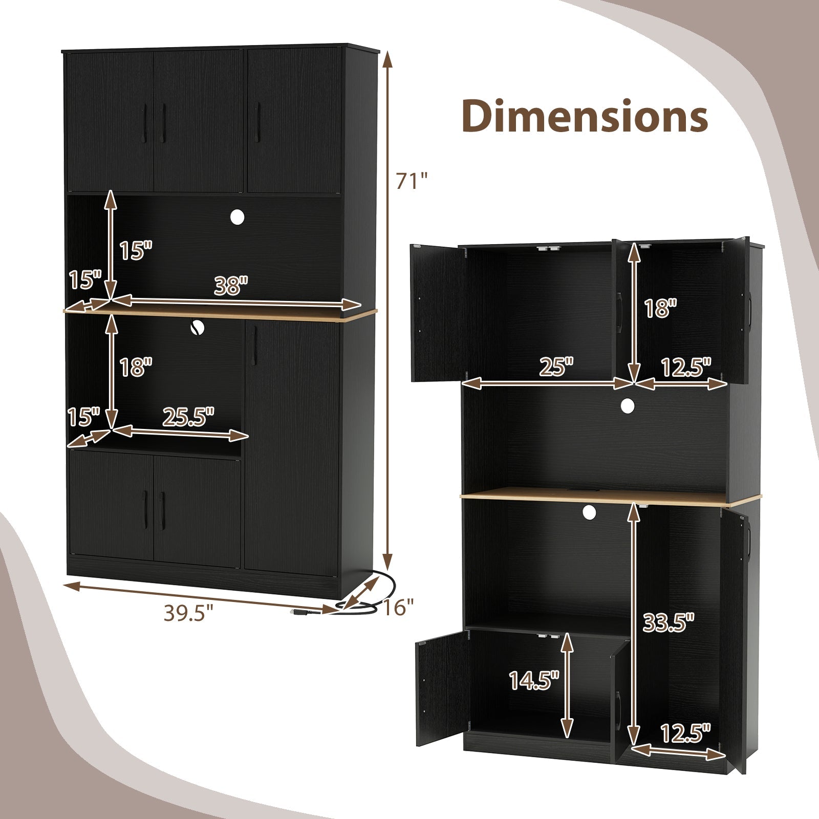 71" Tall Kitchen Pantry Cabinet with Charging Station Wooden Buffet Cupboard Sideboard