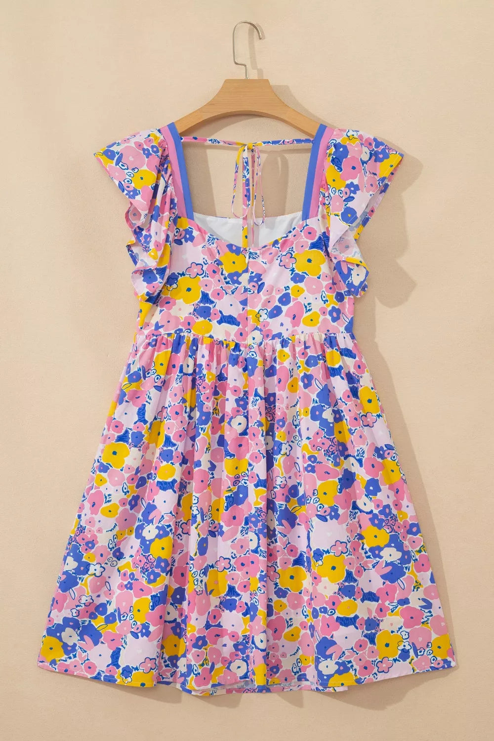 Floral Print Flutter Sleeve Striped Trim Square Neck Loose Mini Dress