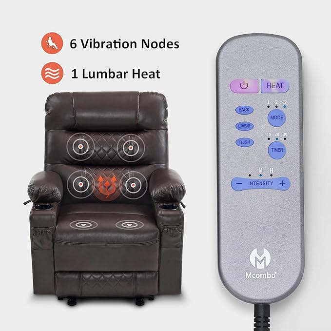 MCombo Zero Gravity Power Recliner Chair with Heat and Vibration Massage, Reclining Chair with USB Ports, Cup Holders for Living Room, Faux Leather PR621 (Brown)