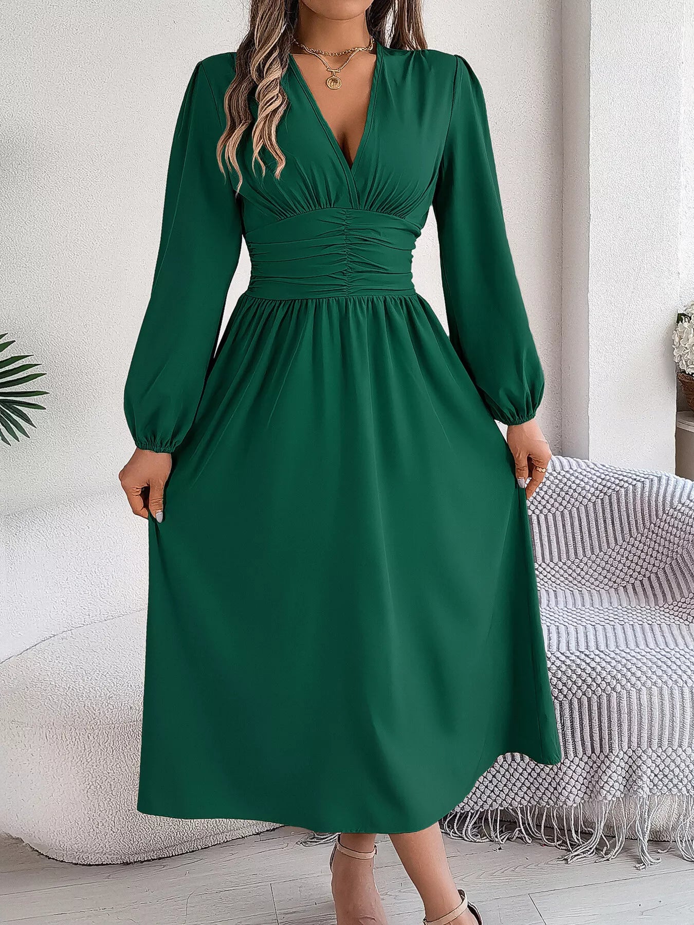 Slit Balloon Sleeve Midi Dress