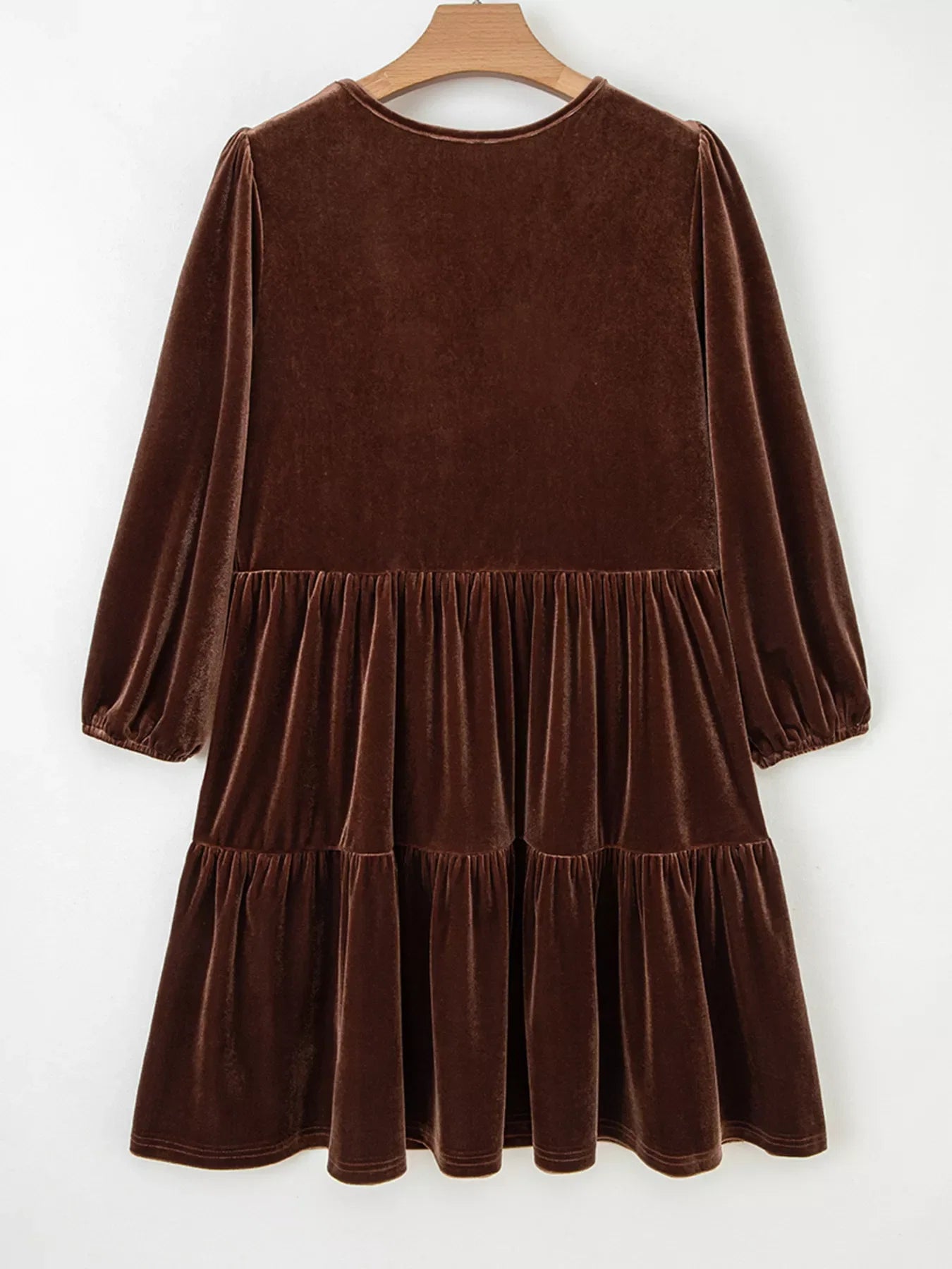 Solid Color Velvet V Neck Long Sleeve Tiered Mini Dress