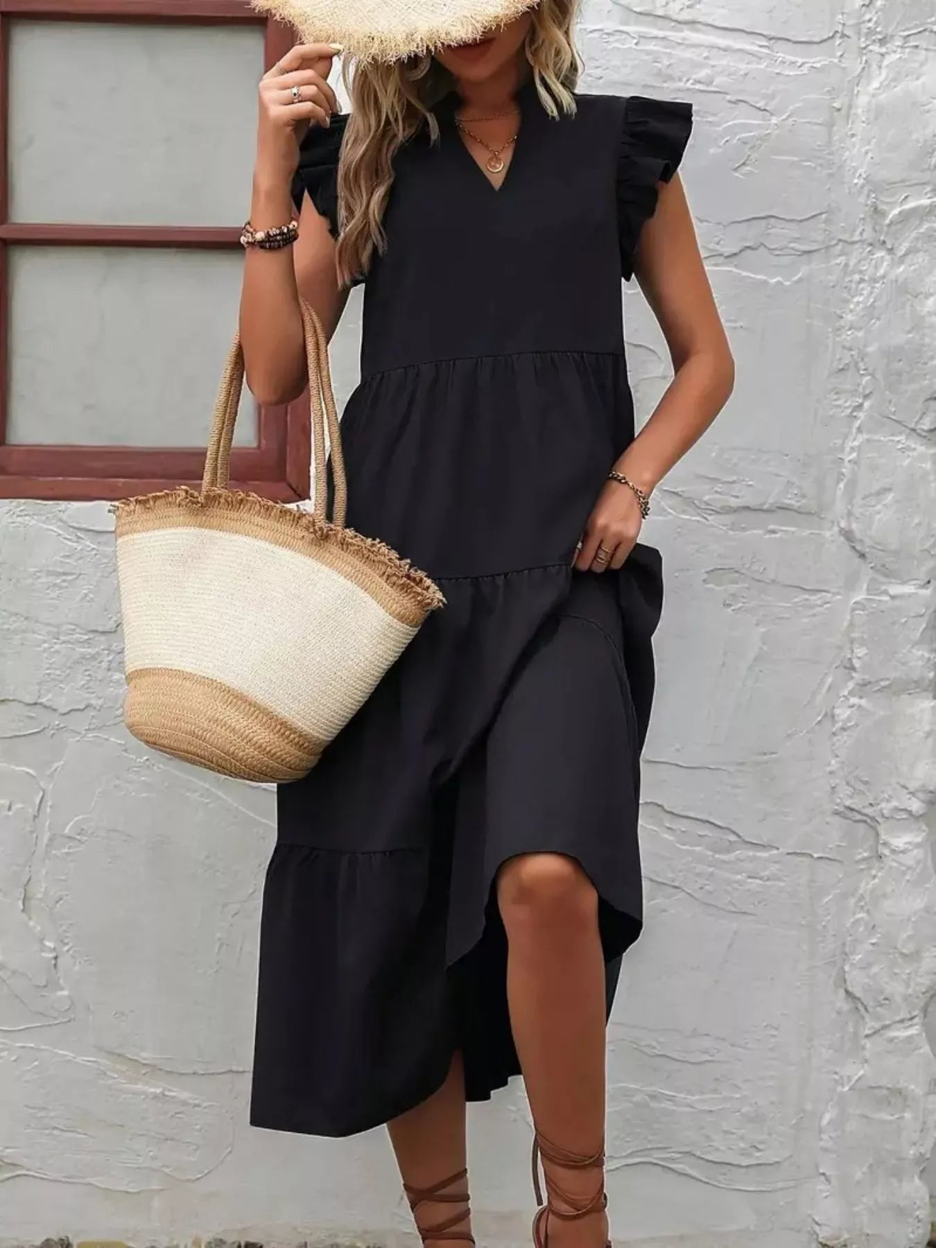 Ruffle Sleeve Tiered Midi Dress