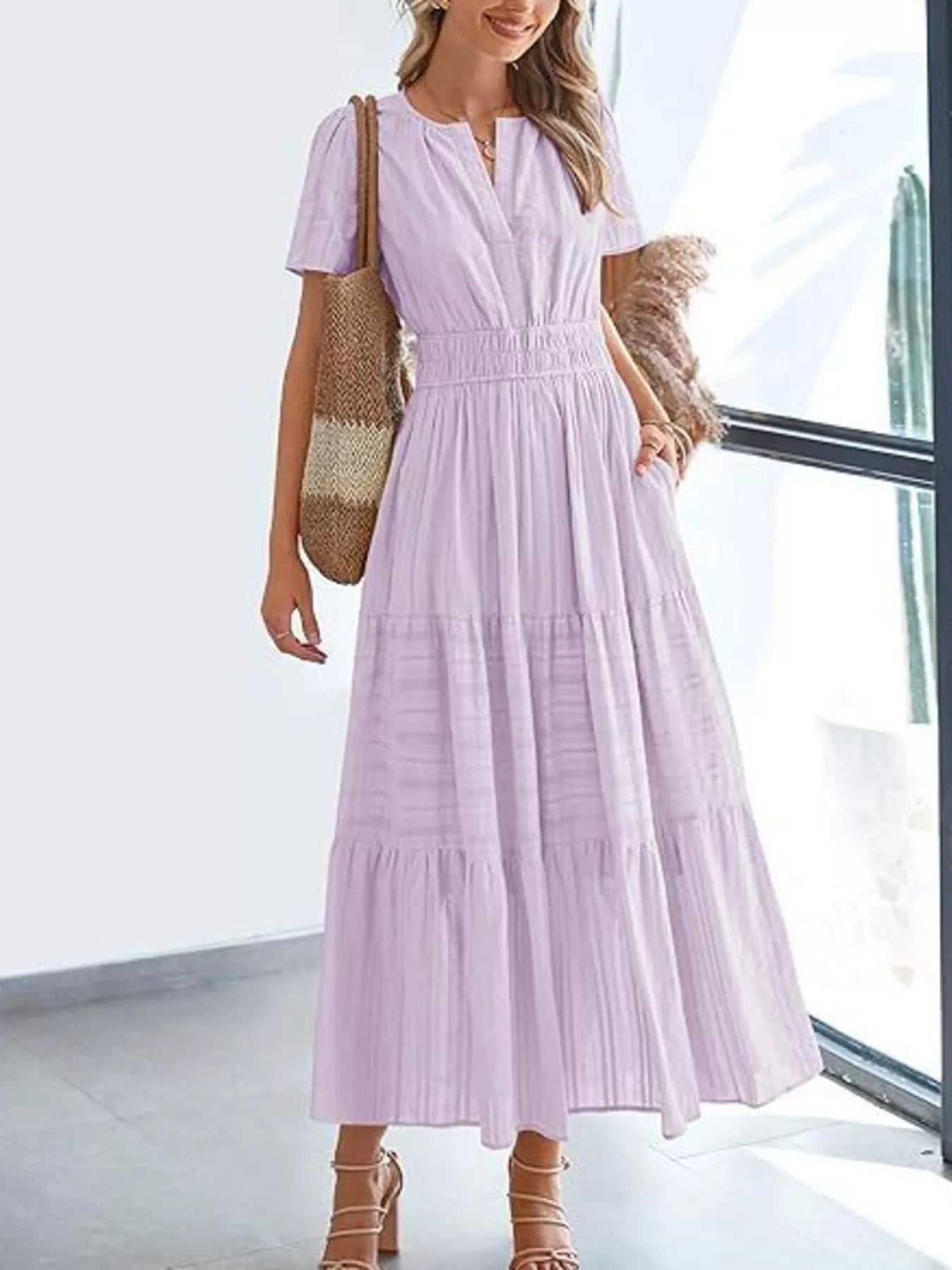 Full Size Short Sleeve Tiered Midi Dress Plus Size