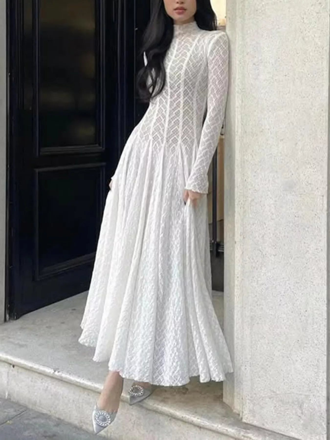 Lace Mock Neck Long Sleeve Maxi Dress