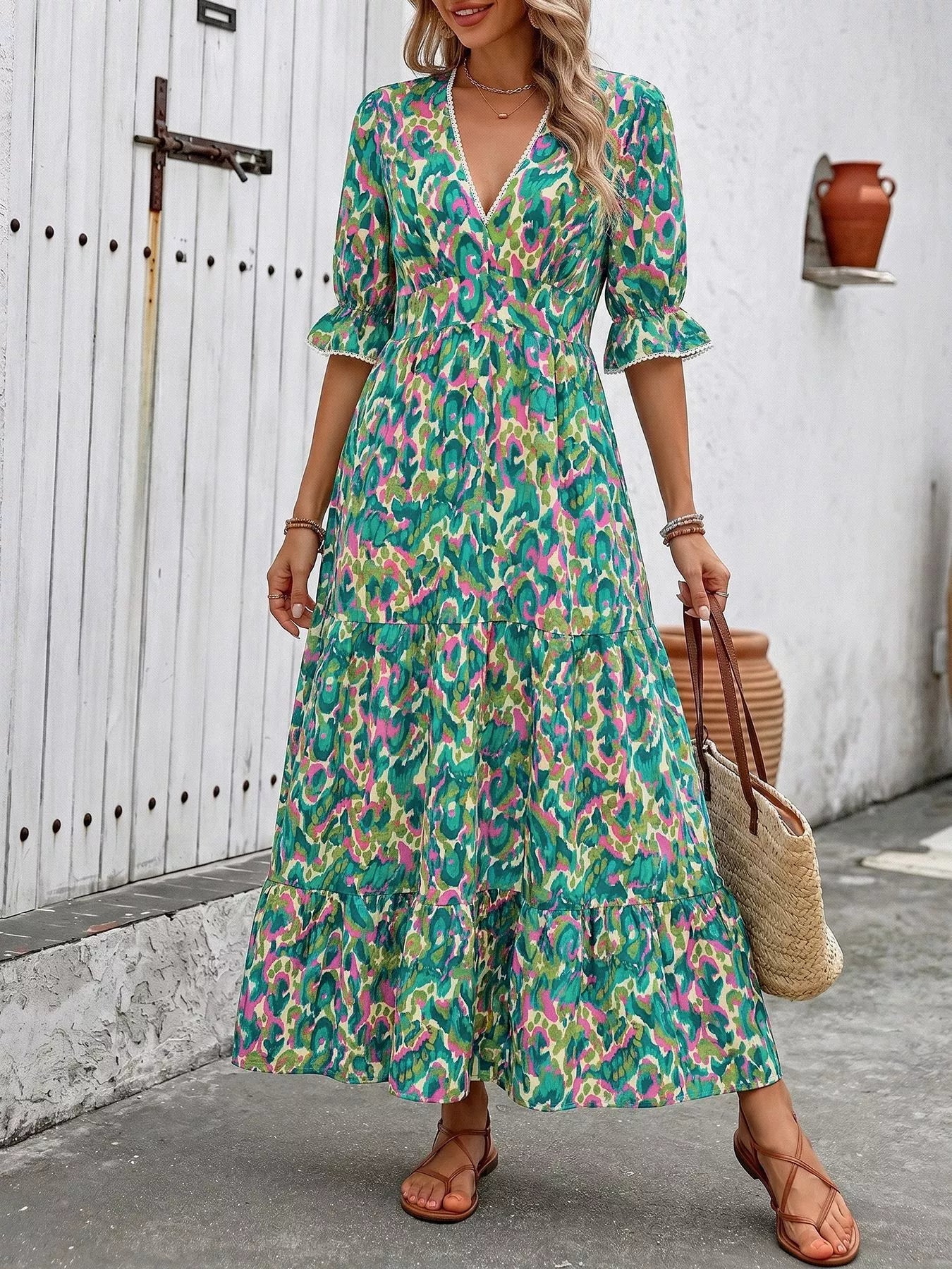 Printed V-Neck Flounce Sleeve Dress